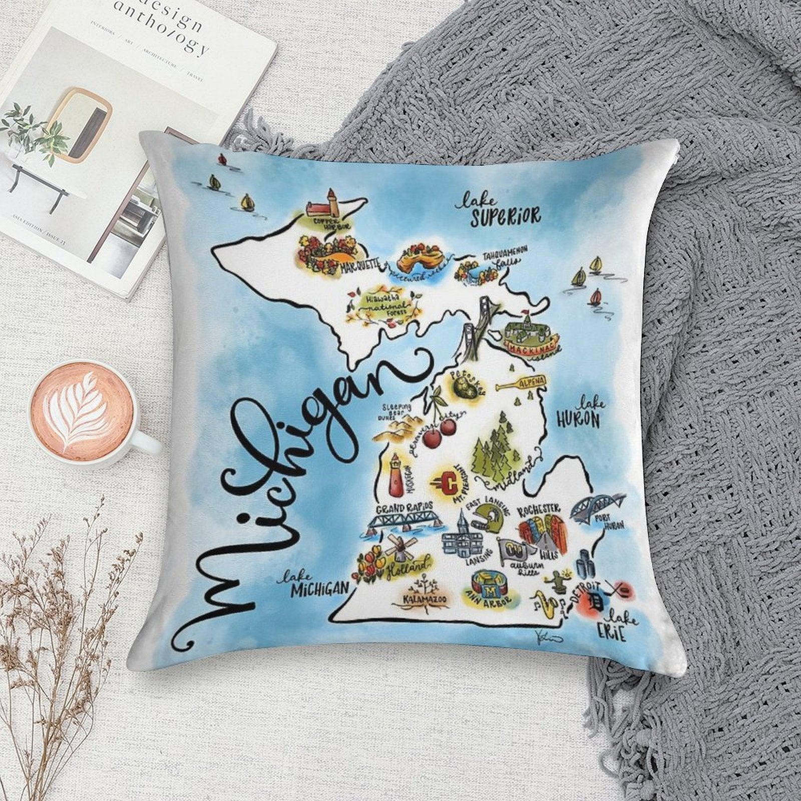 Map for Michiganers Soft Fade-Resistant Throw Pillow