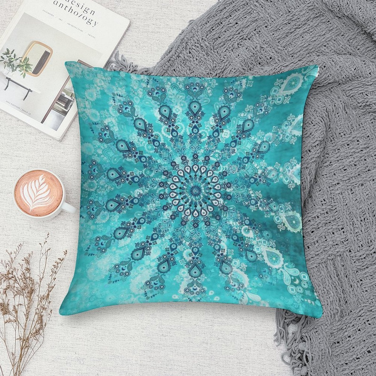 Turquoise Mandala Soft Hidden Zipper Throw Pillow