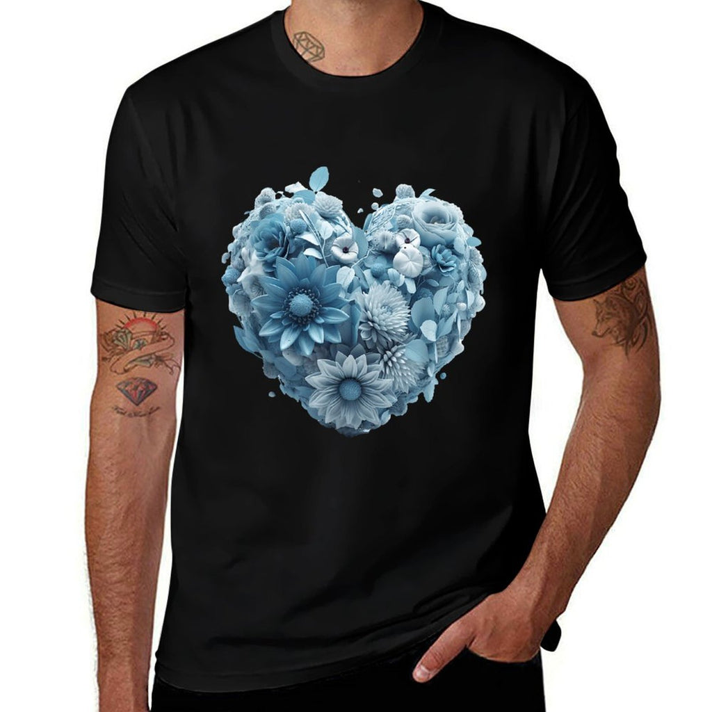 Cute Light Blue Heart Graphic Made of Flowers For Women Girl  Rolled Sleeves T-Shirt