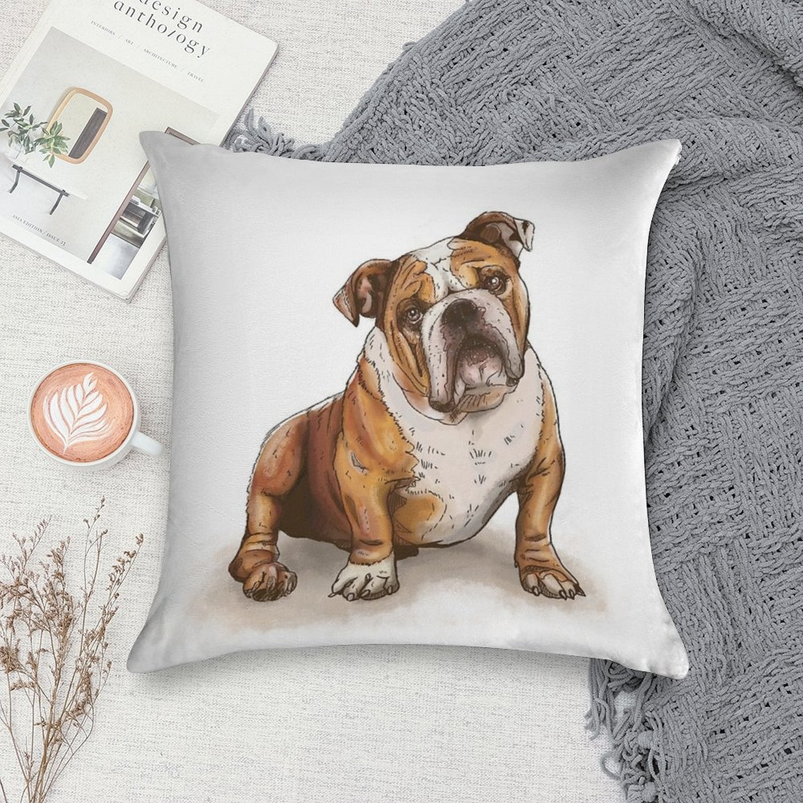 English Bulldog Illustration Soft Bedroom Essential Throw Pillow