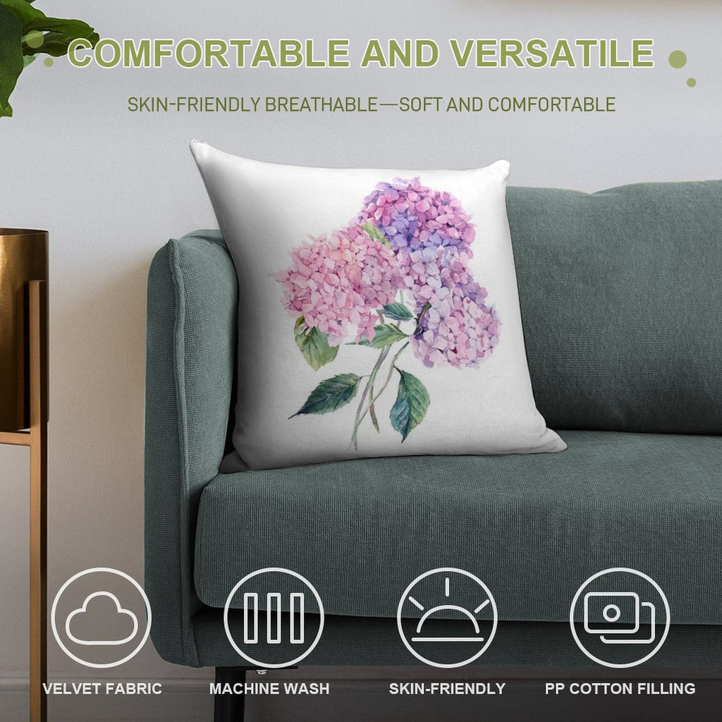 Watercolor Branch of Blooming Hydrangeas Soft Reinforced Edging Throw Pillow