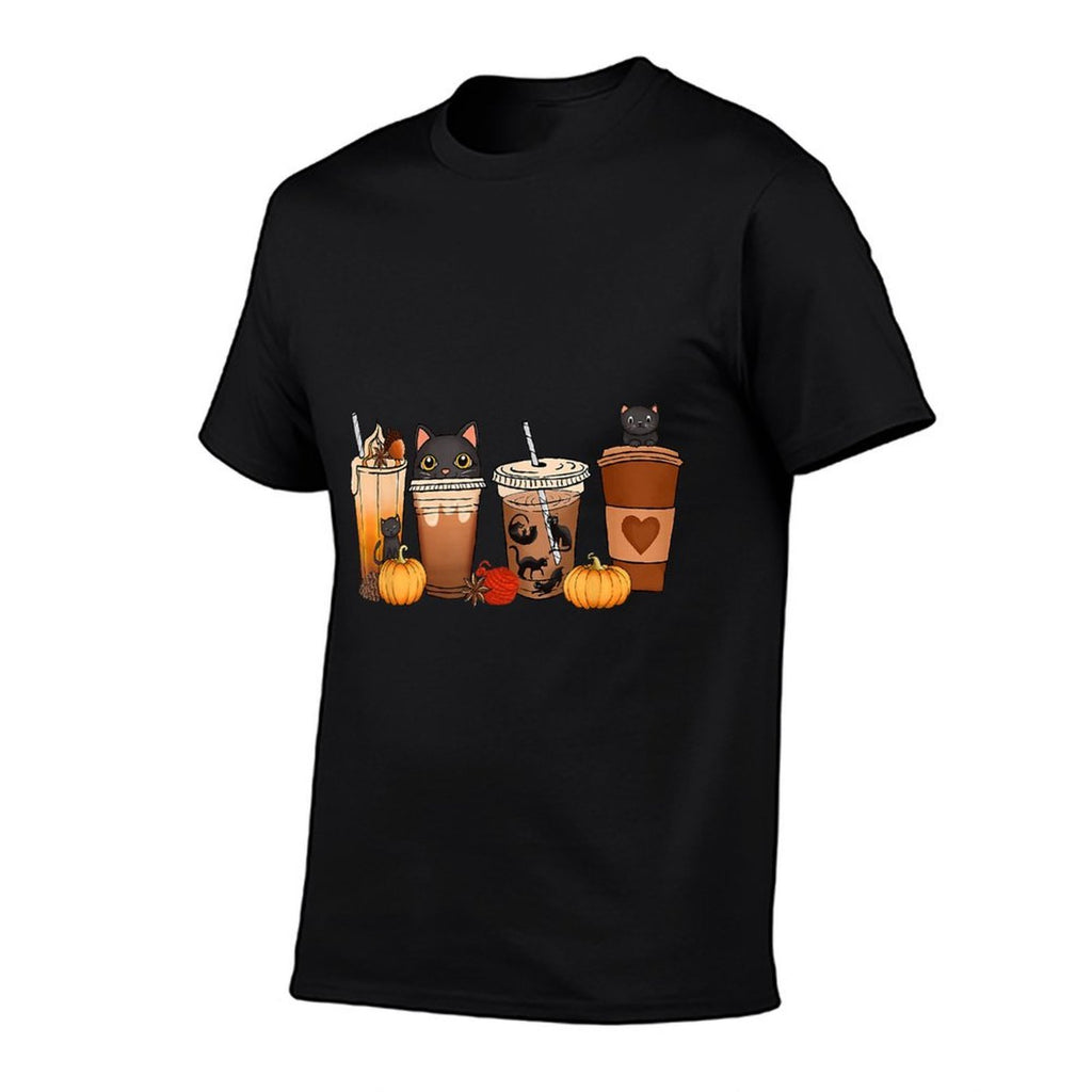 Black Cat Halloween Iced Coffee Cups Fall Pumpkin Kitten  Oversized Silhouette T-Shirt