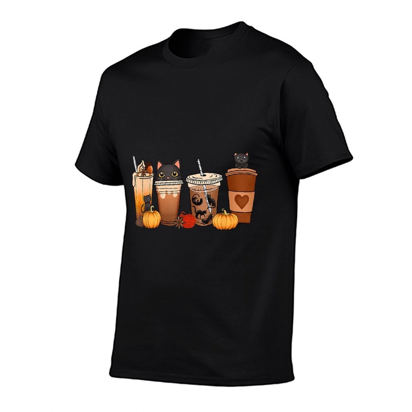 Black Cat Halloween Iced Coffee Cups Fall Pumpkin Kitten  Oversized Silhouette T-Shirt