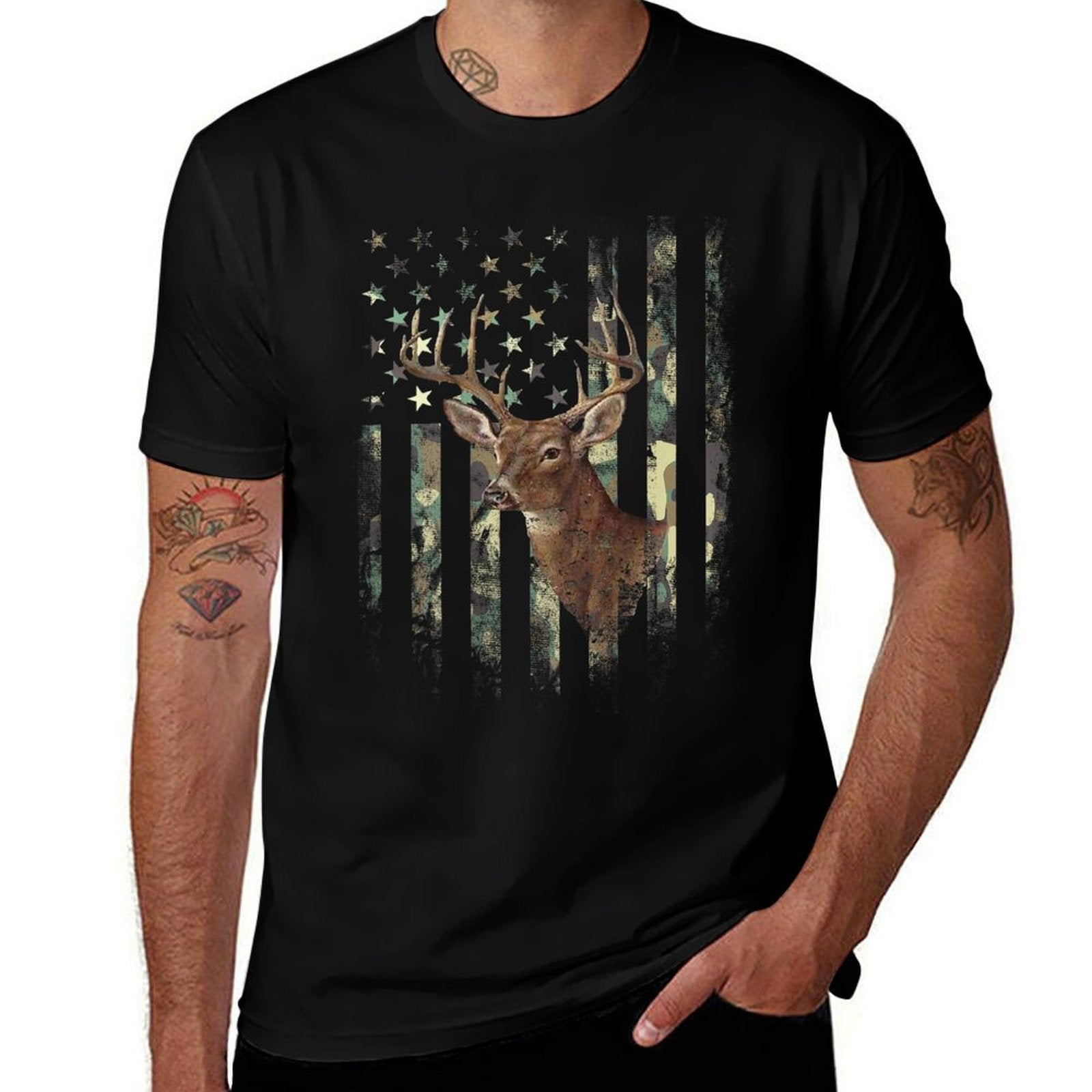 (Art on Back) American Deer Hunting Camo Women Kids Men  Durable T-Shirt