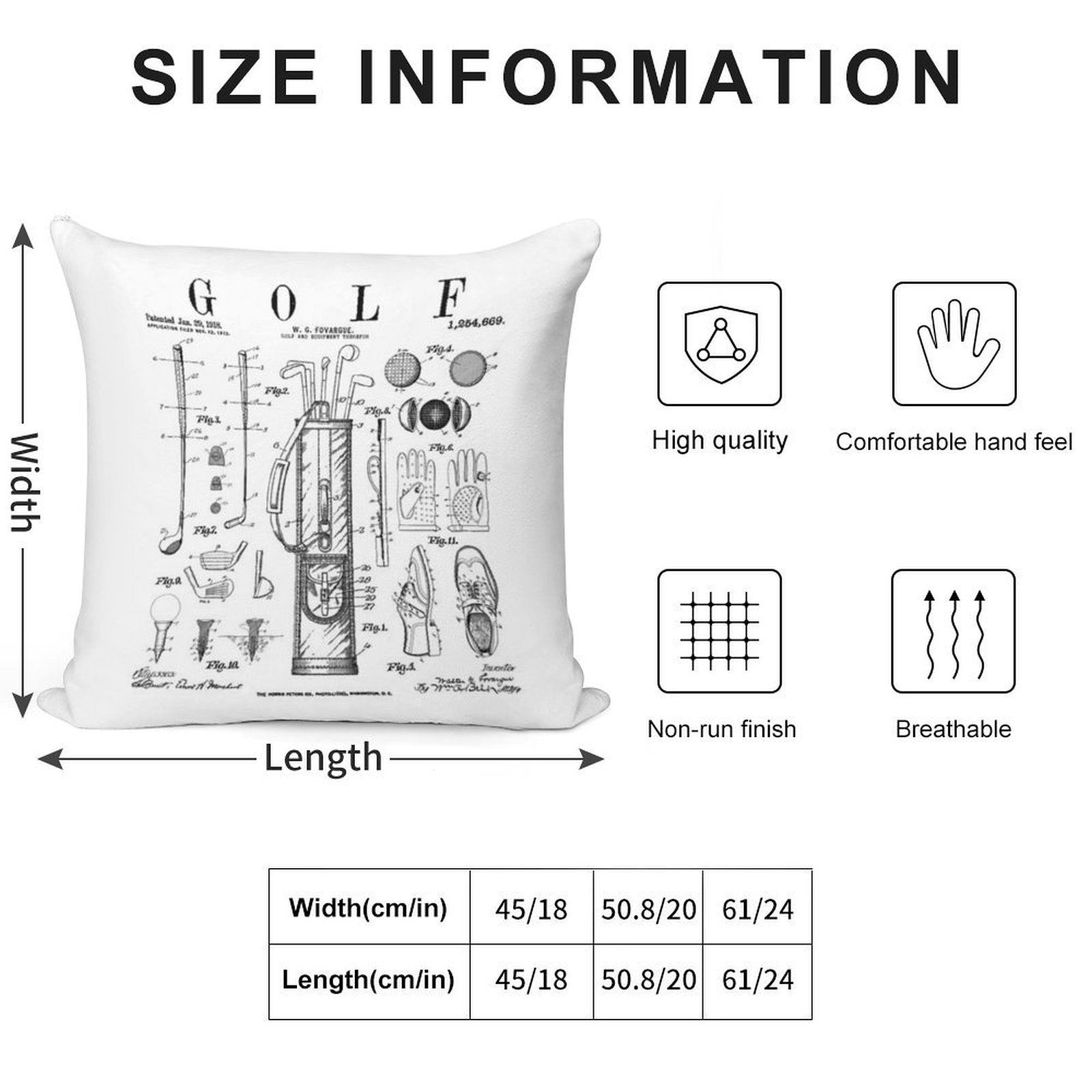 Golf Club Golfer Old Vintage Patent Drawing Print Soft Reinforced Edging Throw Pillow