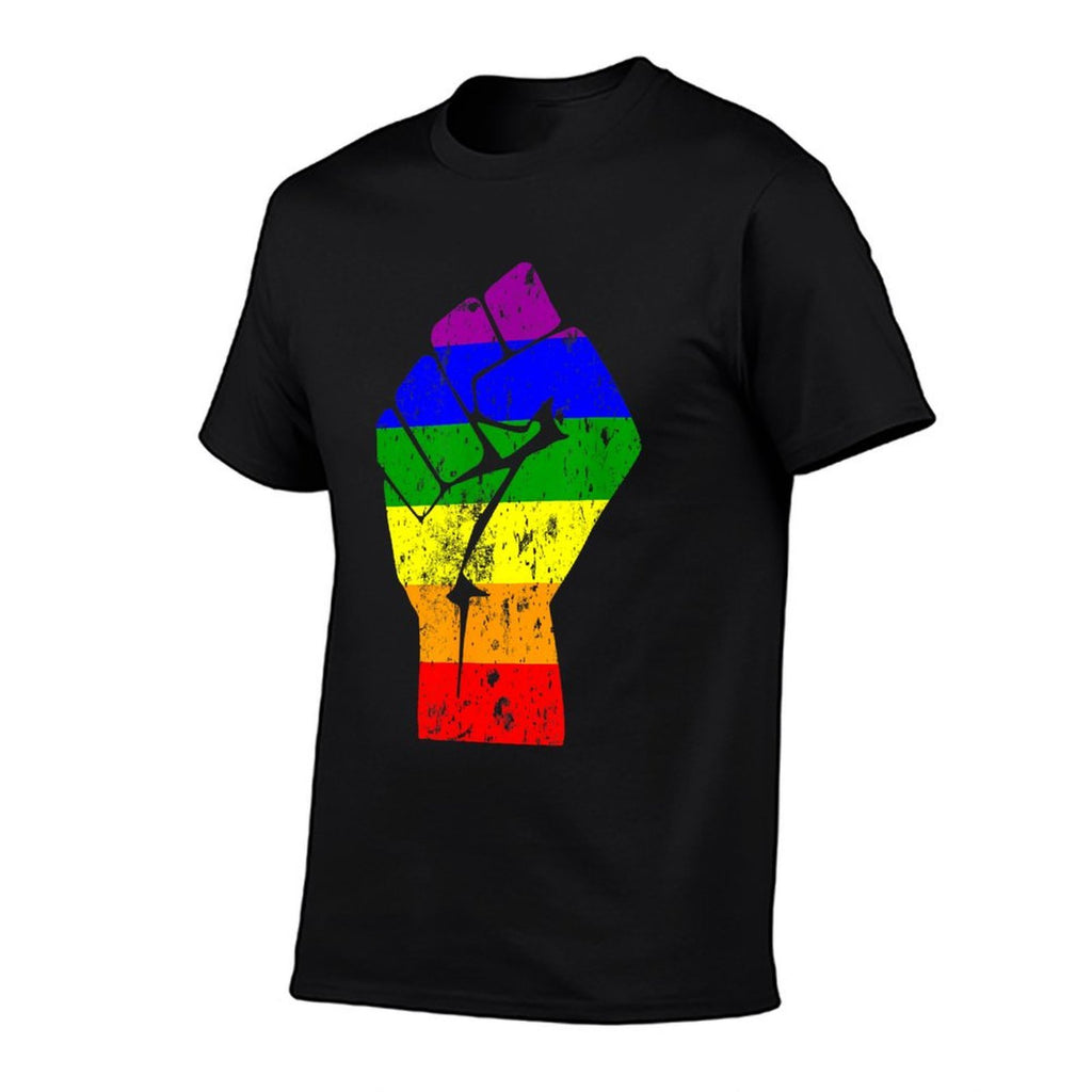 Resist Fist Rainbow Gay Pride  Ribbed Collar T-Shirt