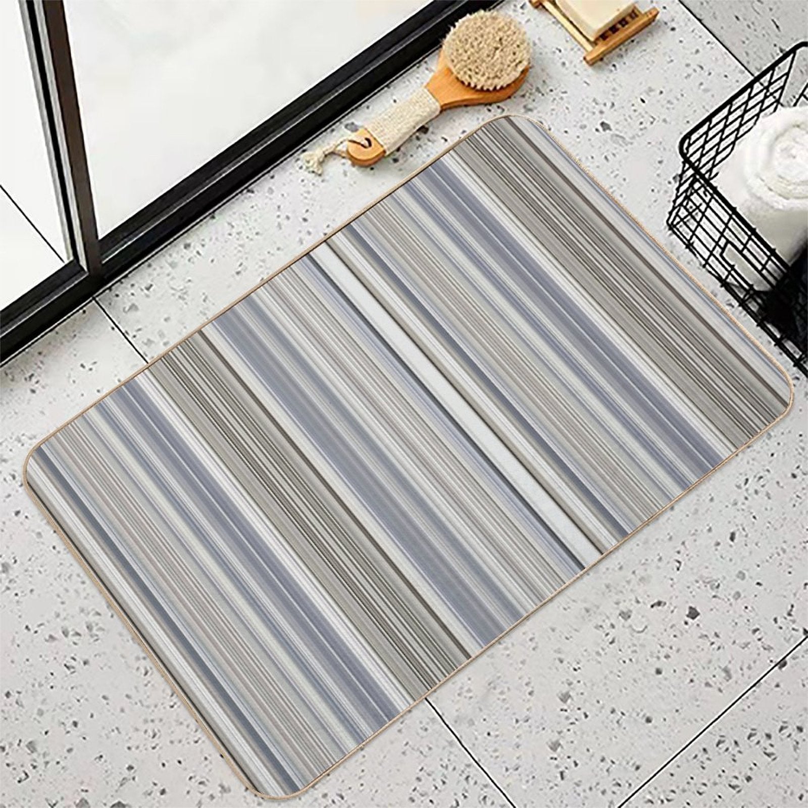 Blue Grey Tan Stripes  Slip-Resistant Bath Mat