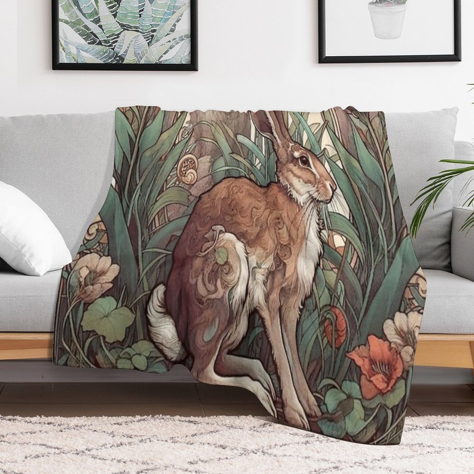 Art Nouveau Wild Hare Compact Throw Blanket