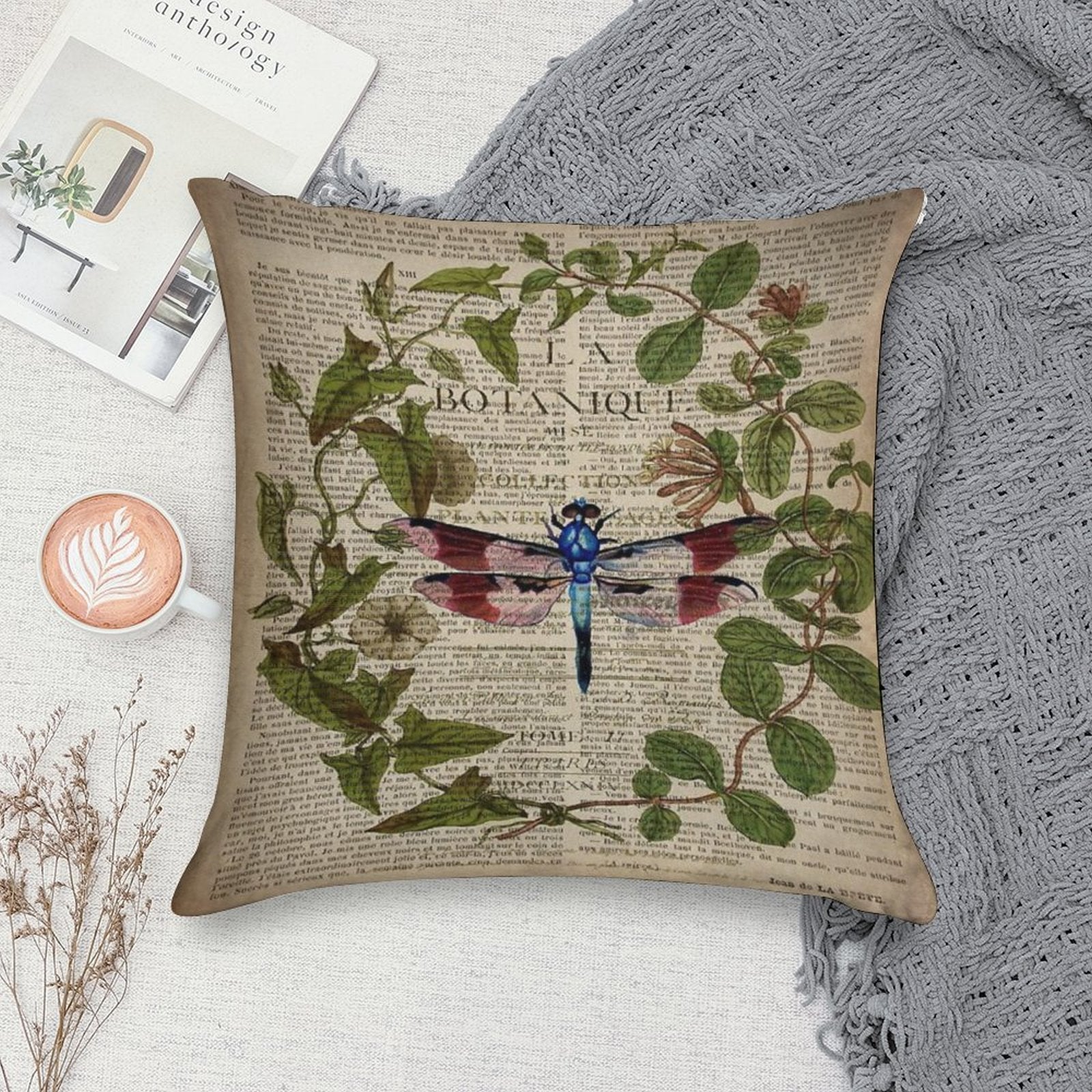 1980s Dark Academia Leaves Botanical Art Vintage French Dragonfly Soft Decorative Cover Throw Pillow