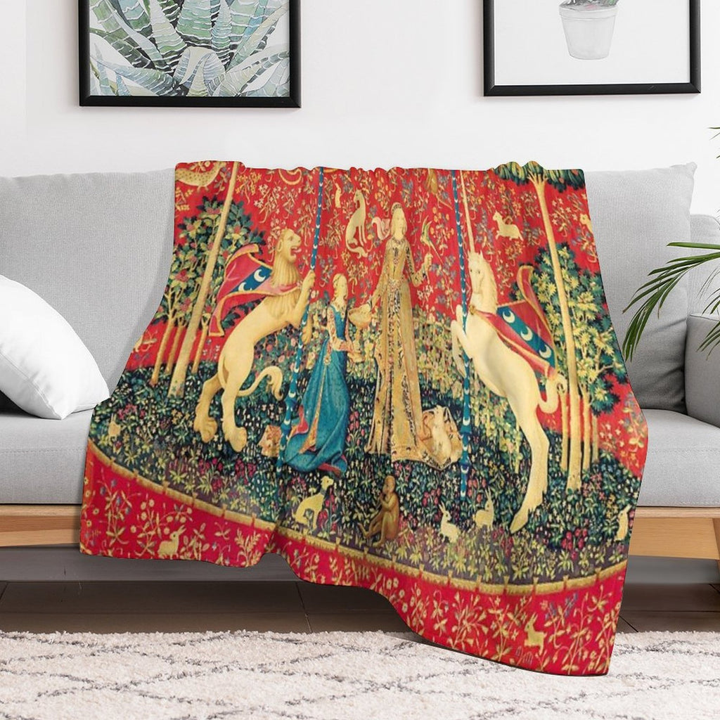 LADY AND UNICORN Taste, Red Green Fantasy Flowers,Animals Multi-functional Throw Blanket