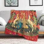 LADY AND UNICORN Taste, Red Green Fantasy Flowers,Animals Multi-functional Throw Blanket