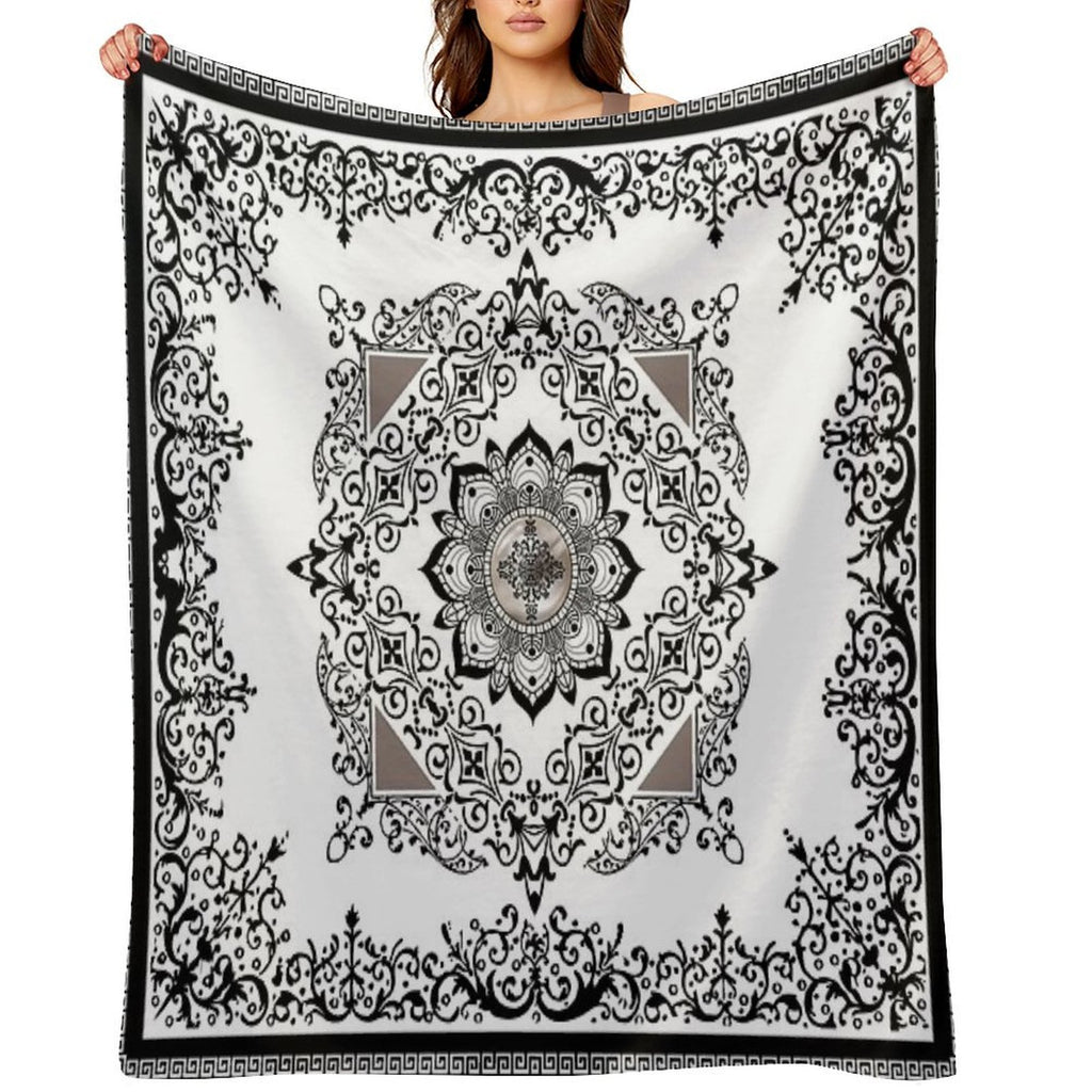 Ornate Baroque Diamonds White Black Purple Greek Key Floral Gift-ready Throw Blanket