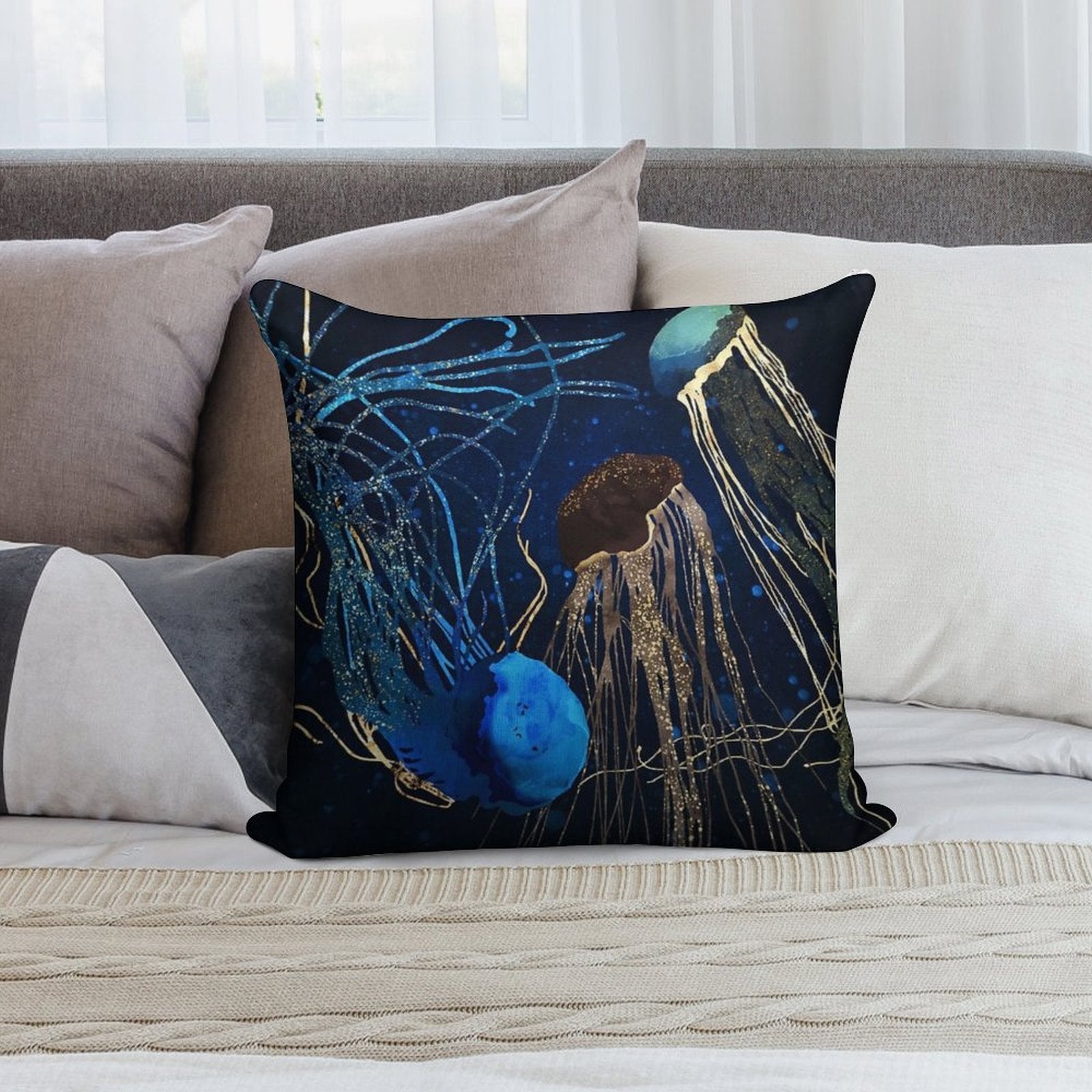 Metallic Jellyfish IV Soft Short Plush Fabric Throw Pillow