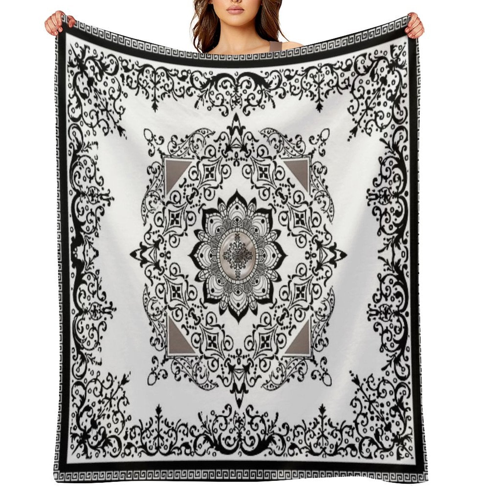 Ornate Baroque Diamonds White Black Purple Greek Key Floral Gift-ready Throw Blanket