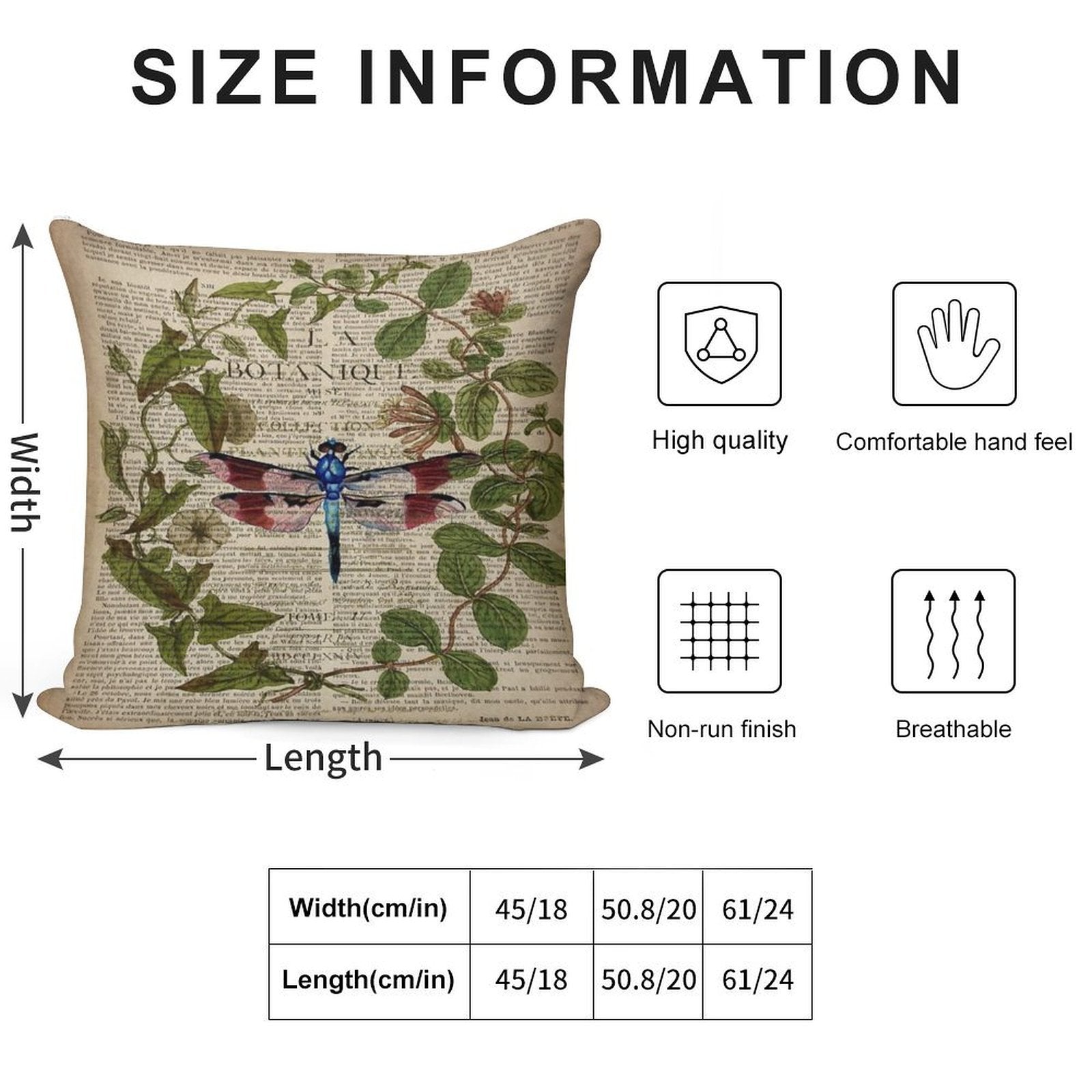 1980s Dark Academia Leaves Botanical Art Vintage French Dragonfly Soft Decorative Cover Throw Pillow