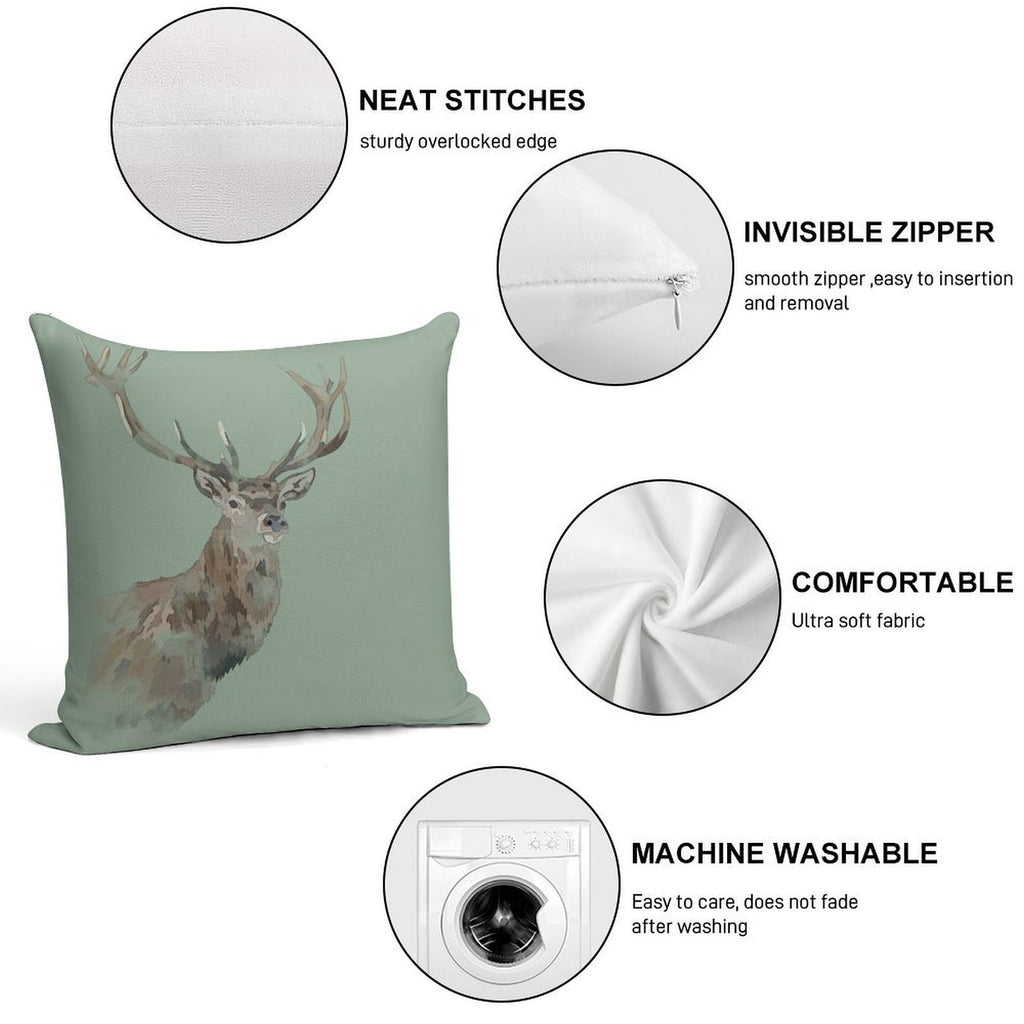 Watercolour Stag Green Soft Durable Construction Throw Pillow
