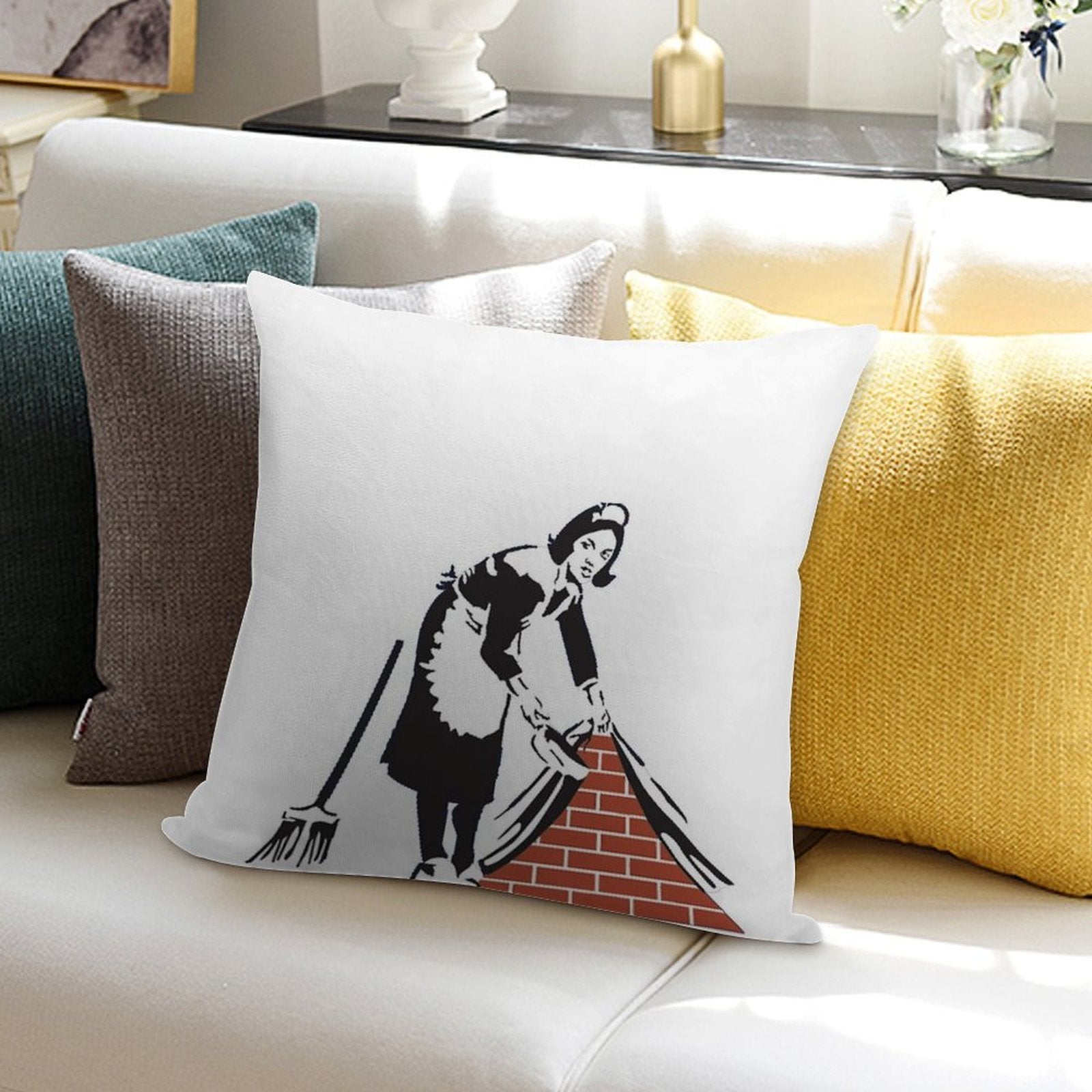 Banksy Sweep It Under The Rug! Soft Reinforced Edging Throw Pillow