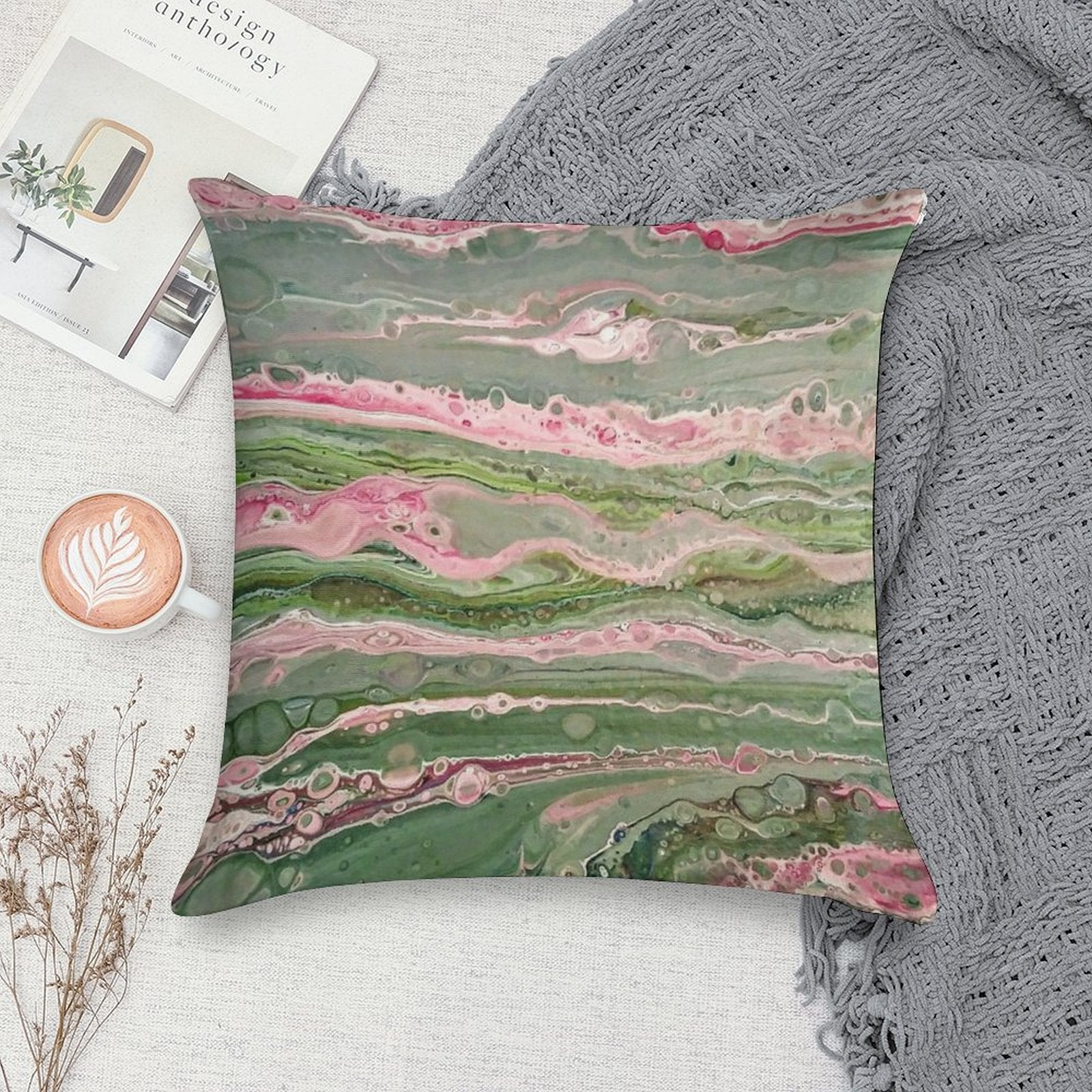 Pink And Green Striped Pour Soft Reinforced Edging Throw Pillow