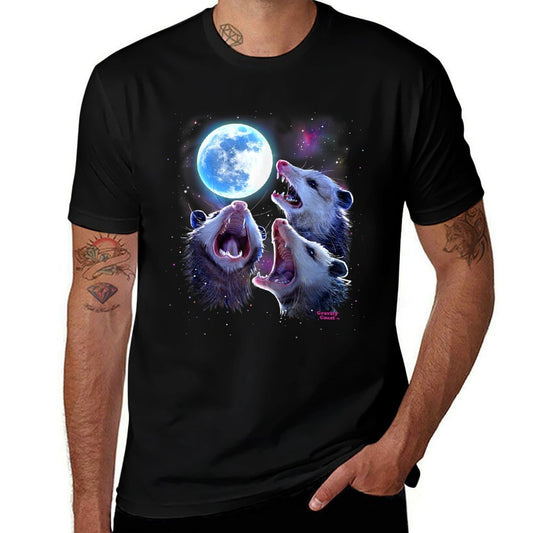 Three Opossums Howling at The Moon Funny Pet Possum  Rolled Sleeves T-Shirt