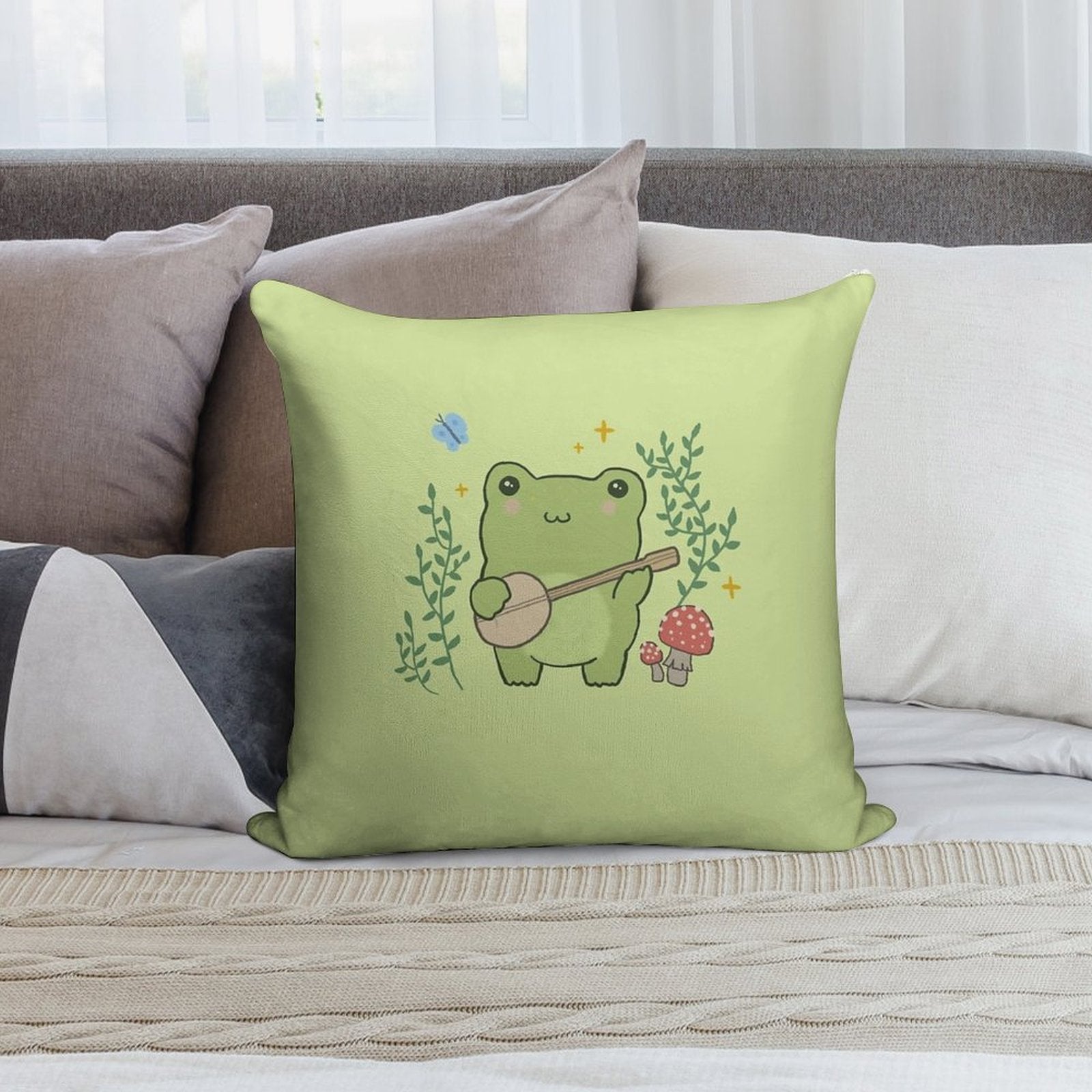 Kawaii Frog Playing Banjo Toad Cottagecore Aesthetic Mushroom And Blue Butterfly Soft Fade-Resistant Throw Pillow