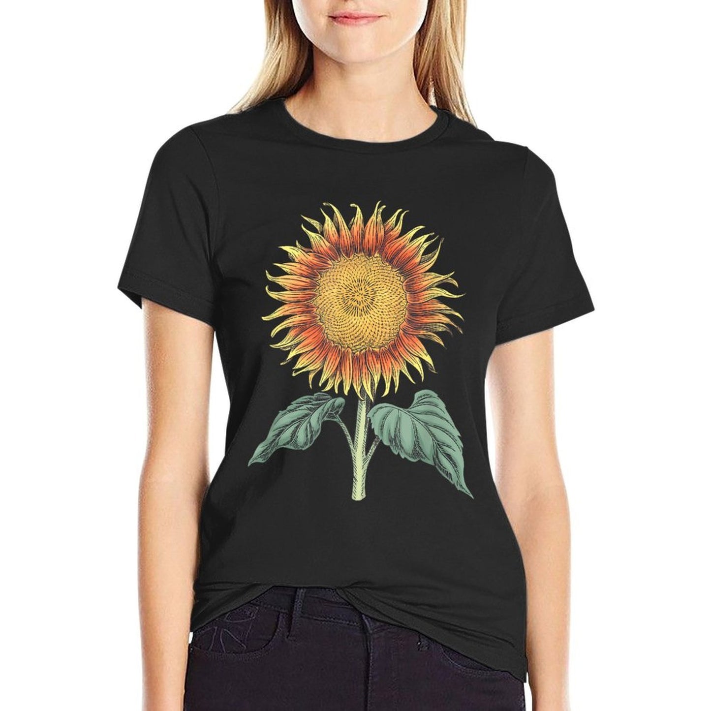 Vibrant Floral Blooming Sunflower Botanical Drawing  Heathered Texture T-Shirt