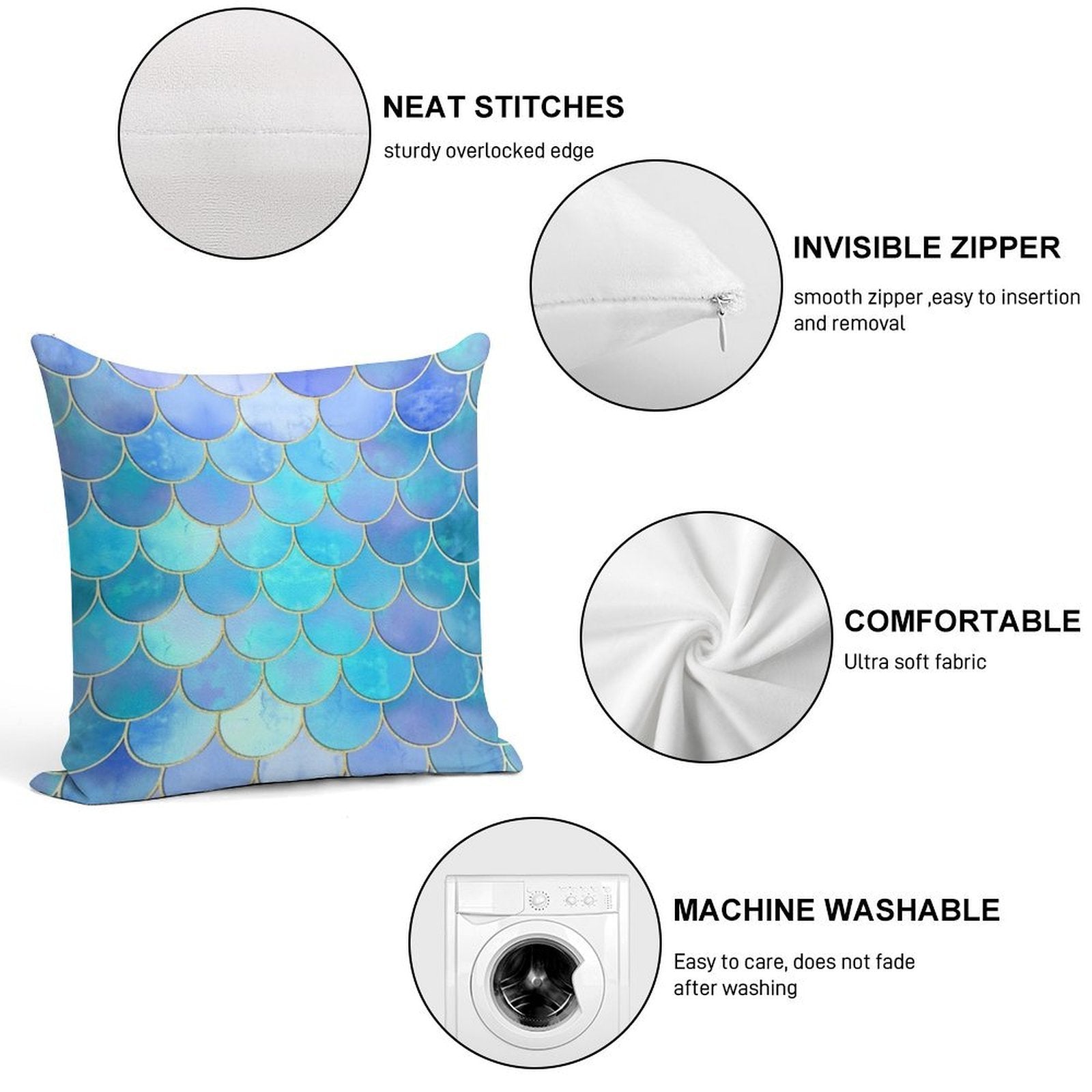 Aqua Pearlescent & Gold Mermaid Scale Pattern Soft Anti-Pilling Throw Pillow