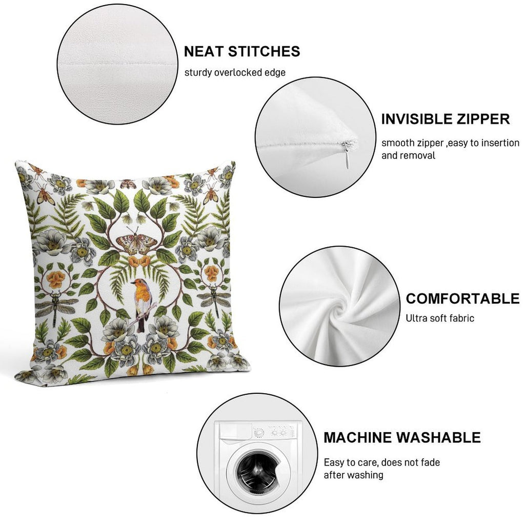 Spring Reflection - FloralBotanical Pattern W Birds, Moths, Dragonflies & Flowers Soft Gift Ready Throw Pillow