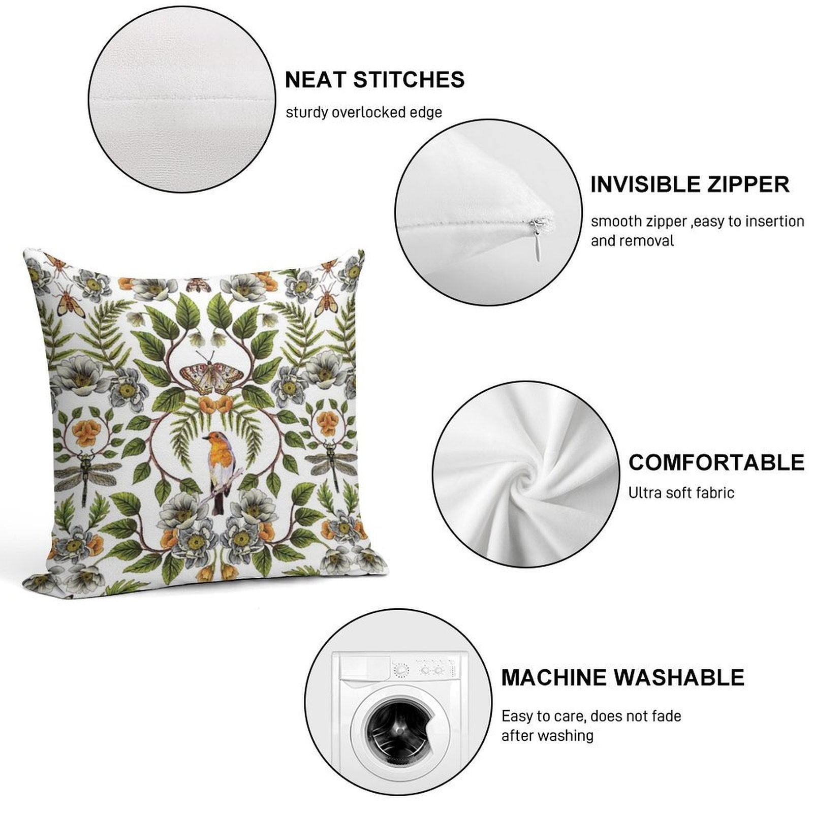 Spring Reflection - FloralBotanical Pattern W Birds, Moths, Dragonflies & Flowers Soft Gift Ready Throw Pillow