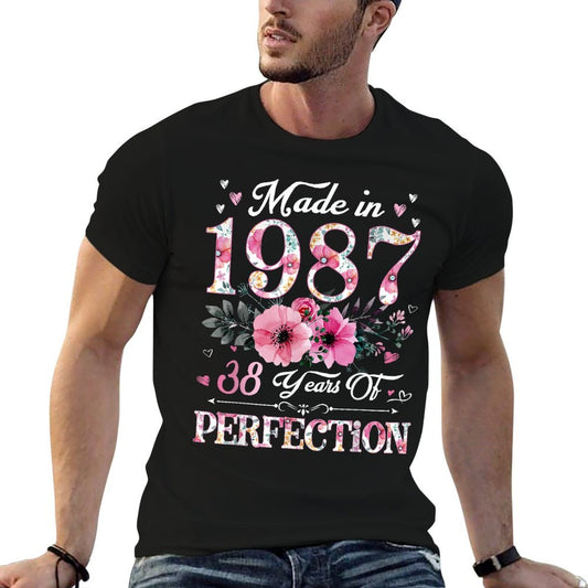 38 Year Old Made In 1987 Floral 38th Birthday Gift For Women  High-quality Stitching T-Shirt