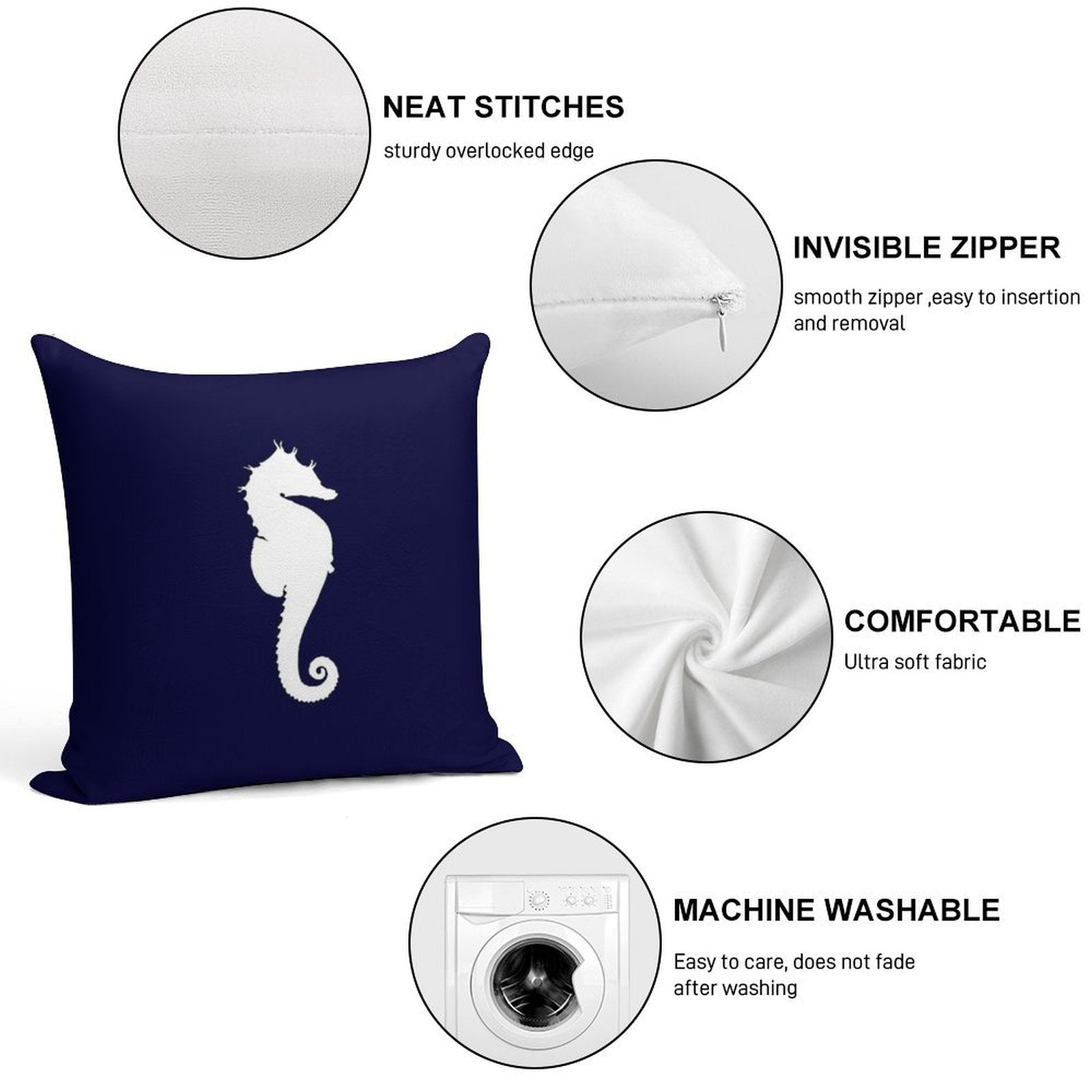 White Seahorse On Navy Blue Soft Easy Maintenance Throw Pillow