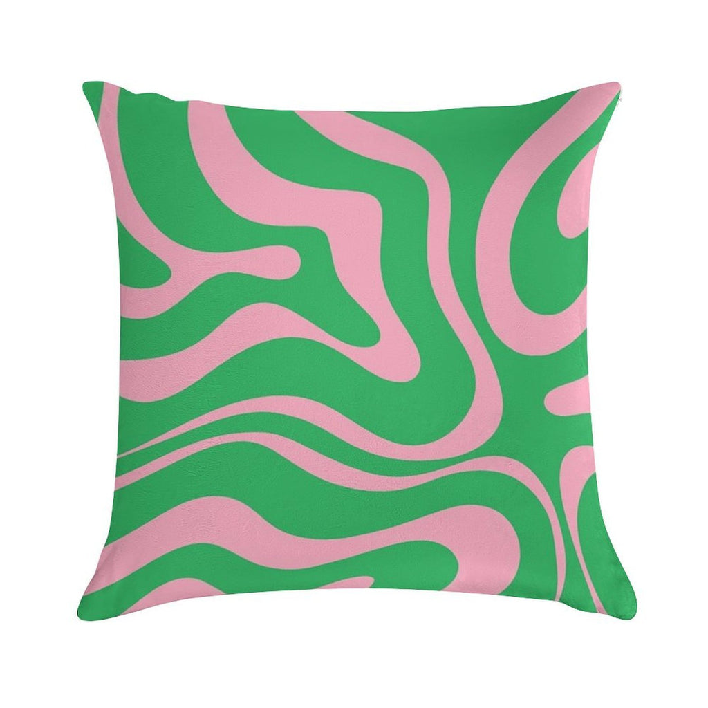 Retro Modern Liquid Swirl Abstract Pattern Square in Spring Green And Pink Soft Multiple Sizes Throw Pillow