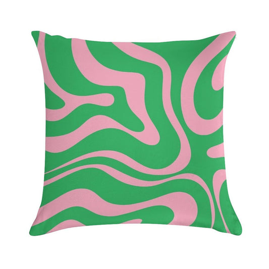 Retro Modern Liquid Swirl Abstract Pattern Square in Spring Green And Pink Soft Multiple Sizes Throw Pillow