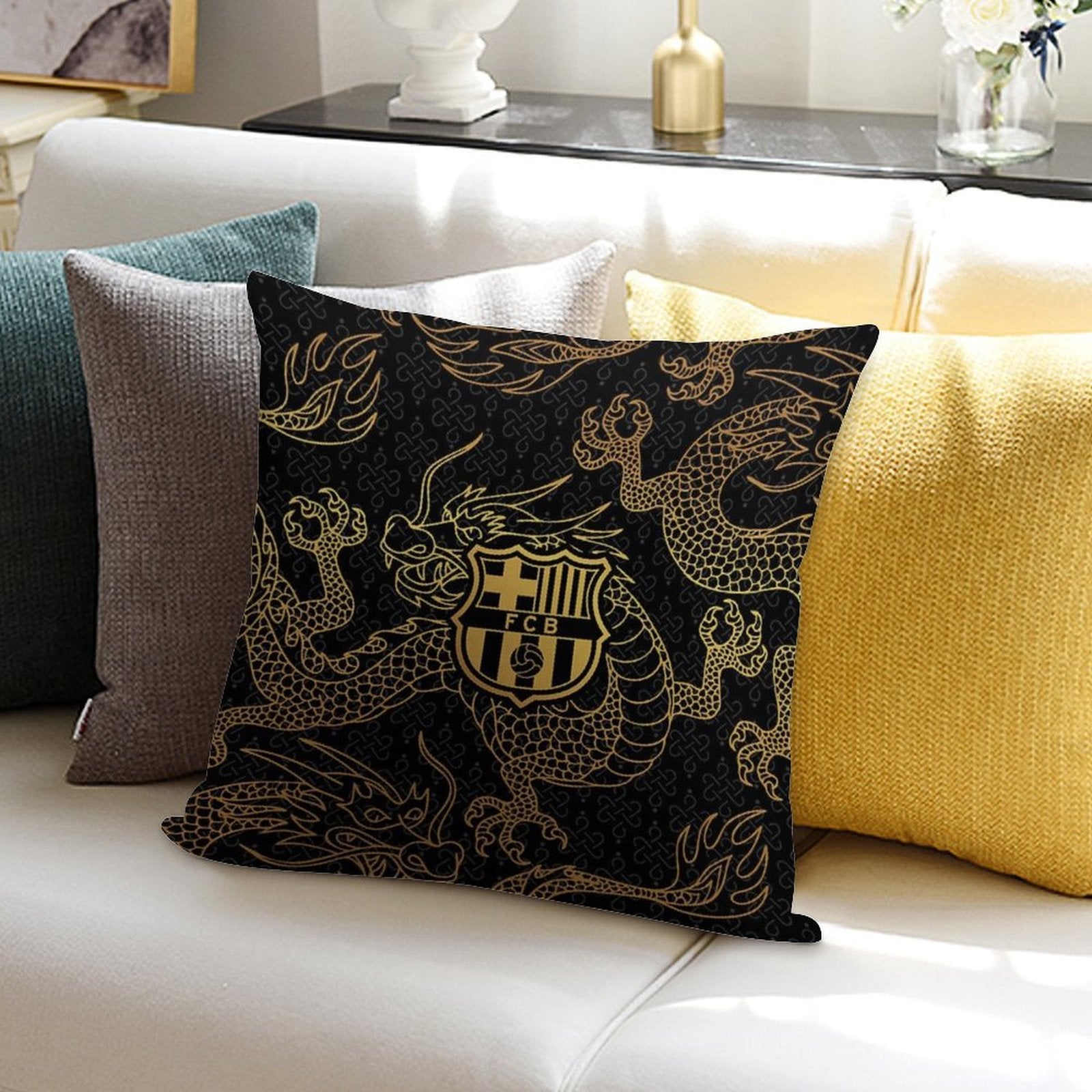 Barca Gold And Black Dragons Soft Reinforced Edging Throw Pillow