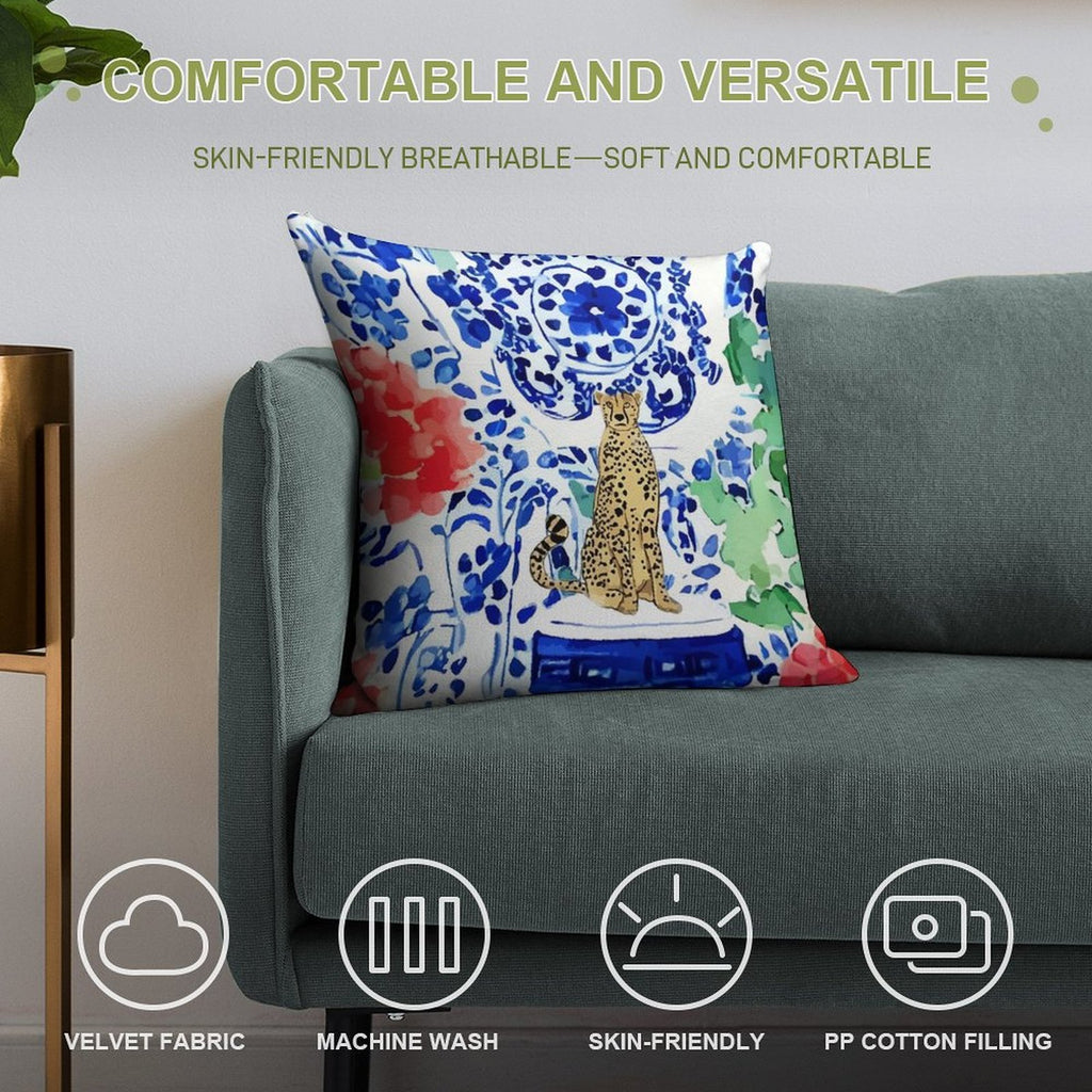 Cheetah And Chinoiserie Jars in Blue And Red Soft Bedroom Essential Throw Pillow