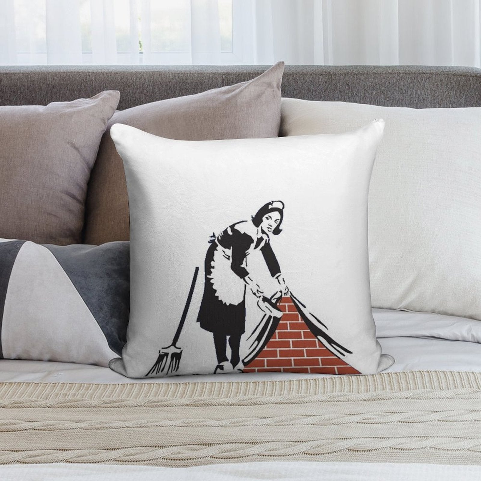 Banksy Sweep It Under The Rug! Soft Reinforced Edging Throw Pillow