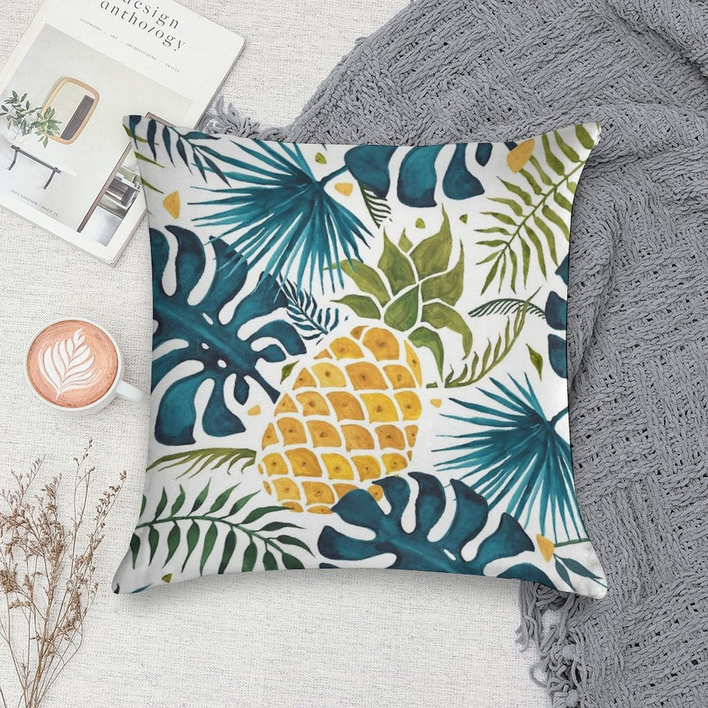Golden Pineapple on Palm Leaves Foliage Soft Washable Throw Pillow