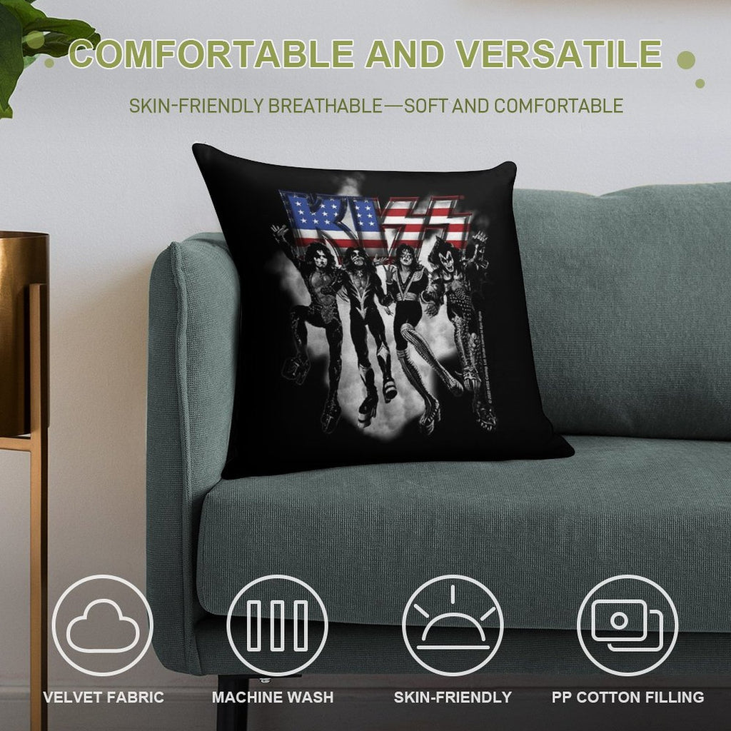 KISS ® The Band - Destroyer Black And White Fog USA Logo Soft Hidden Zipper Throw Pillow