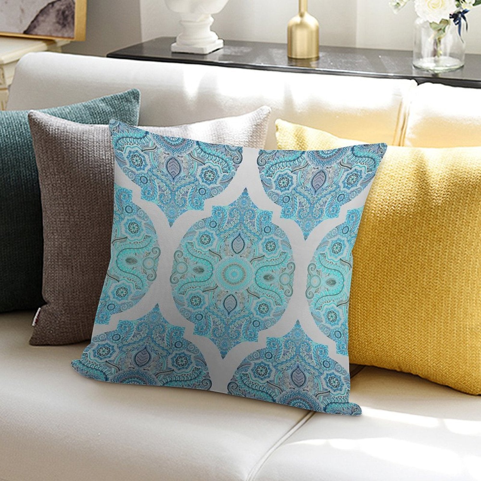 Through Ocean & Sky - Turquoise & Blue Moroccan Pattern Soft Luxury Feel Throw Pillow