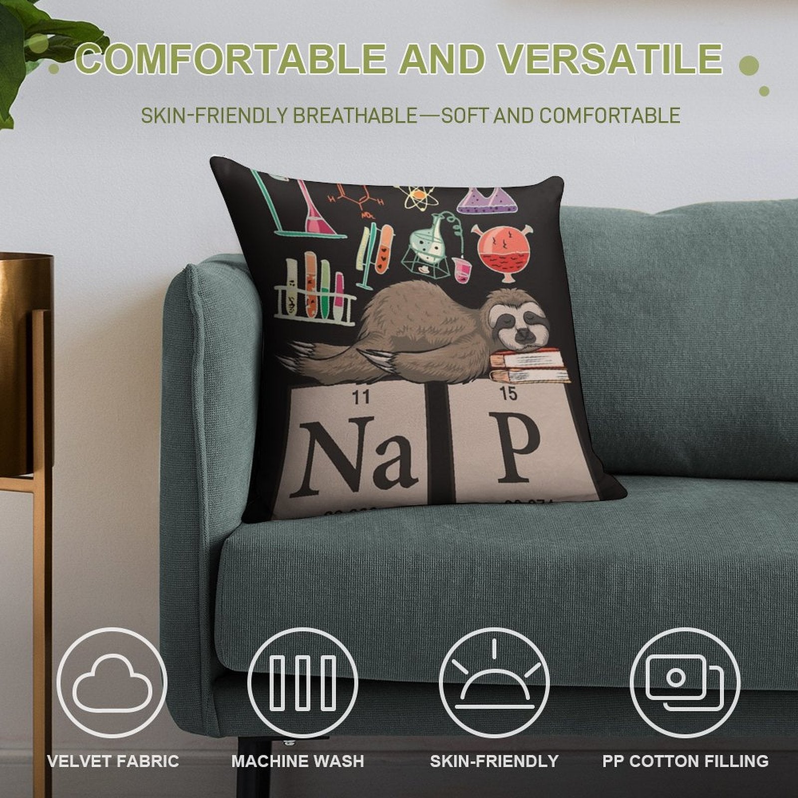 Funny Chemistry Sloth Art Gift Soft Skin-Friendly Throw Pillow