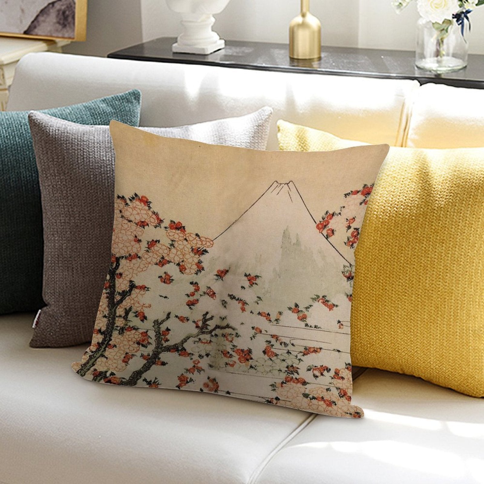 'Mount Fuji Behind Cherry Tree And Flowers' by Katsushika Hokusai (Reproduction) Soft Luxury Feel Throw Pillow