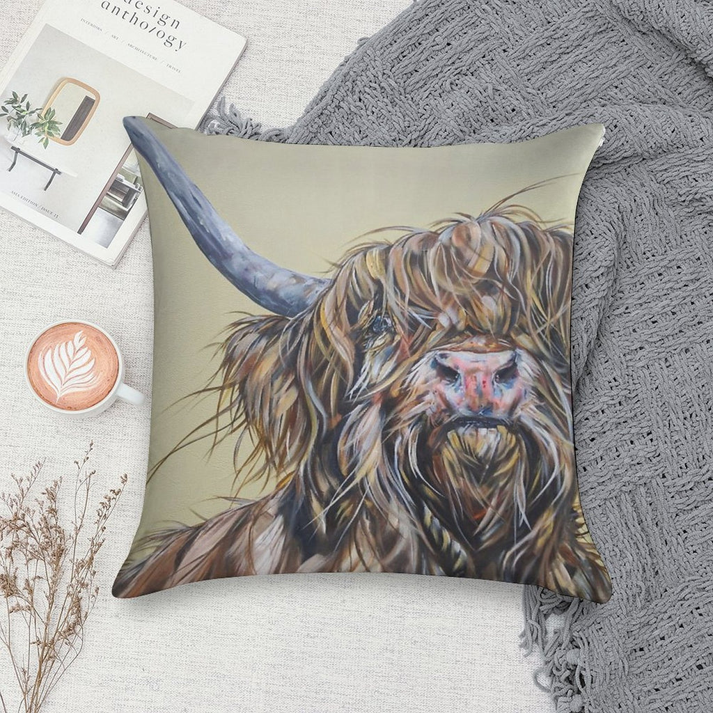 Wally McWindy. Highland Hairy Cow, Heilan Scottish Funny Coo Art by Award-winning UK Artist Sam Fenner Soft Warmth Comfort Throw Pillow