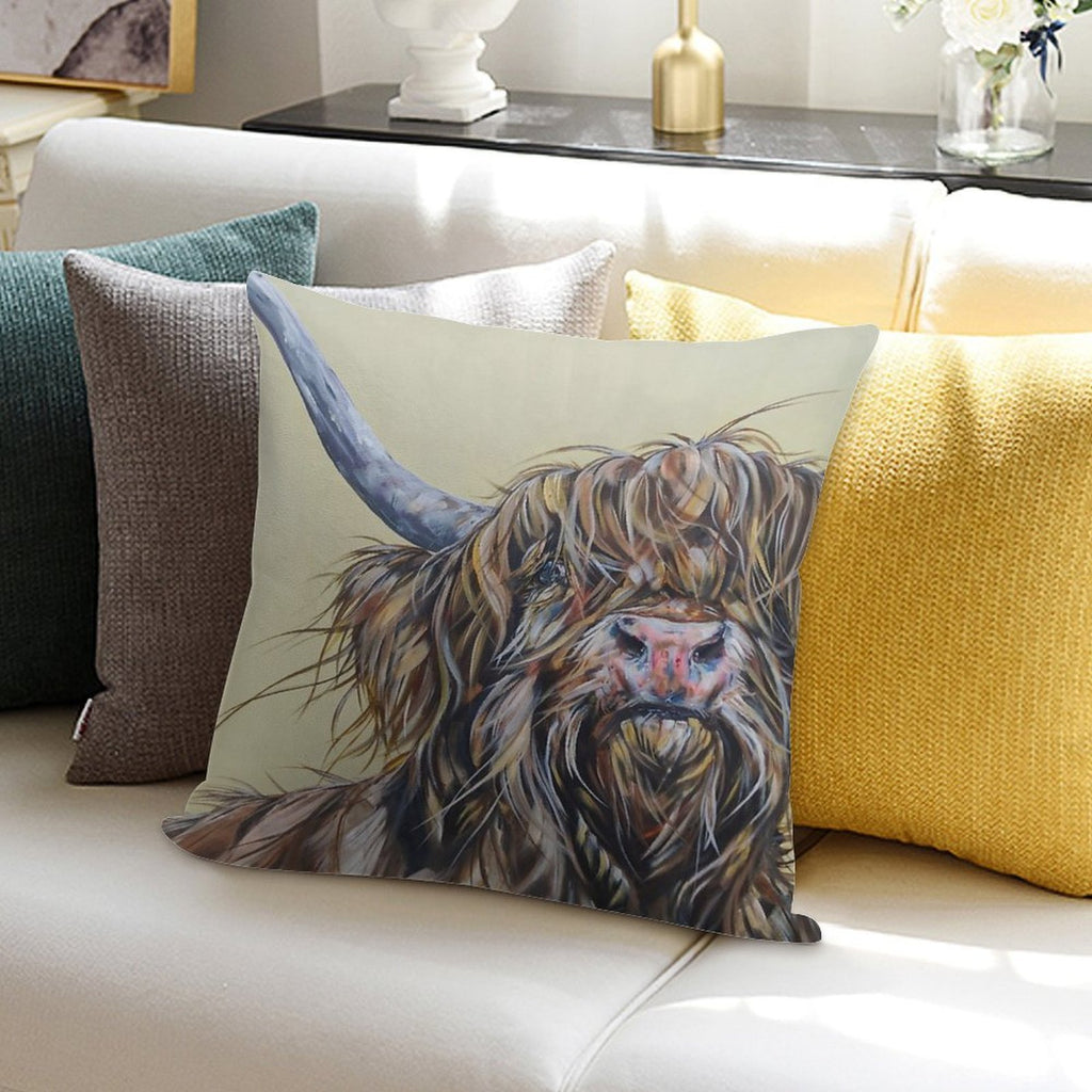 Wally McWindy. Highland Hairy Cow, Heilan Scottish Funny Coo Art by Award-winning UK Artist Sam Fenner Soft Warmth Comfort Throw Pillow