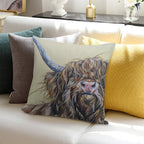Wally McWindy. Highland Hairy Cow, Heilan Scottish Funny Coo Art by Award-winning UK Artist Sam Fenner Soft Warmth Comfort Throw Pillow