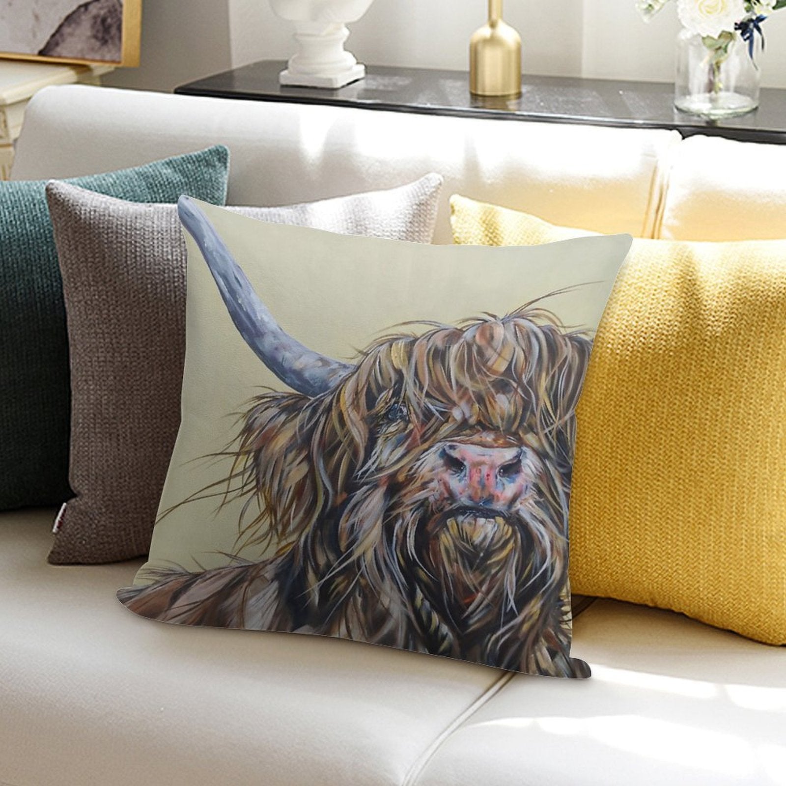 Wally McWindy. Highland Hairy Cow, Heilan Scottish Funny Coo Art by Award-winning UK Artist Sam Fenner Soft Warmth Comfort Throw Pillow