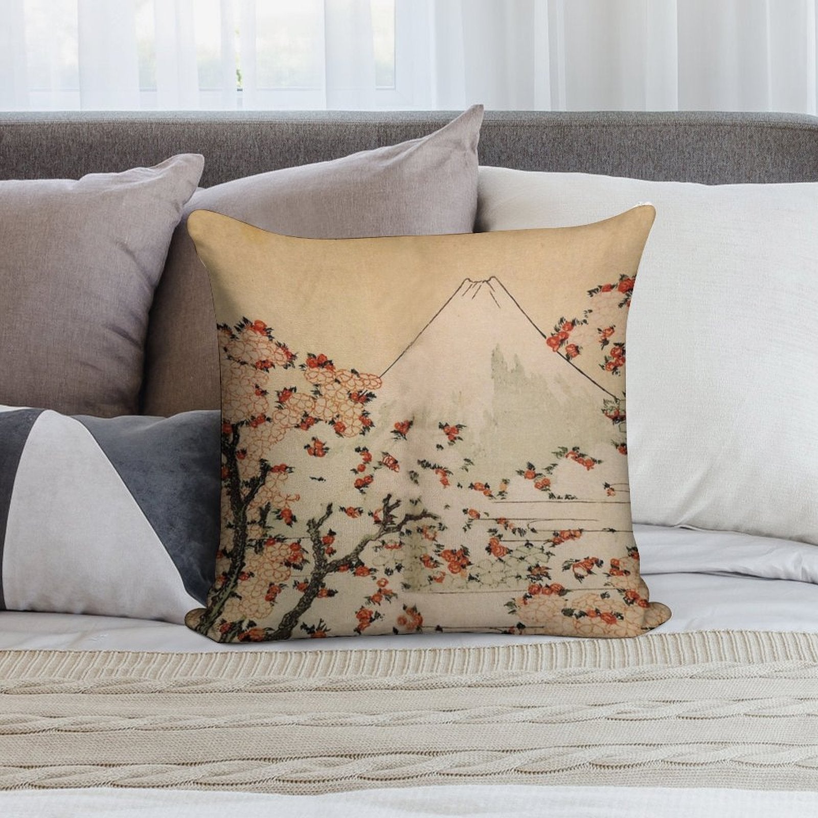 'Mount Fuji Behind Cherry Tree And Flowers' by Katsushika Hokusai (Reproduction) Soft Luxury Feel Throw Pillow