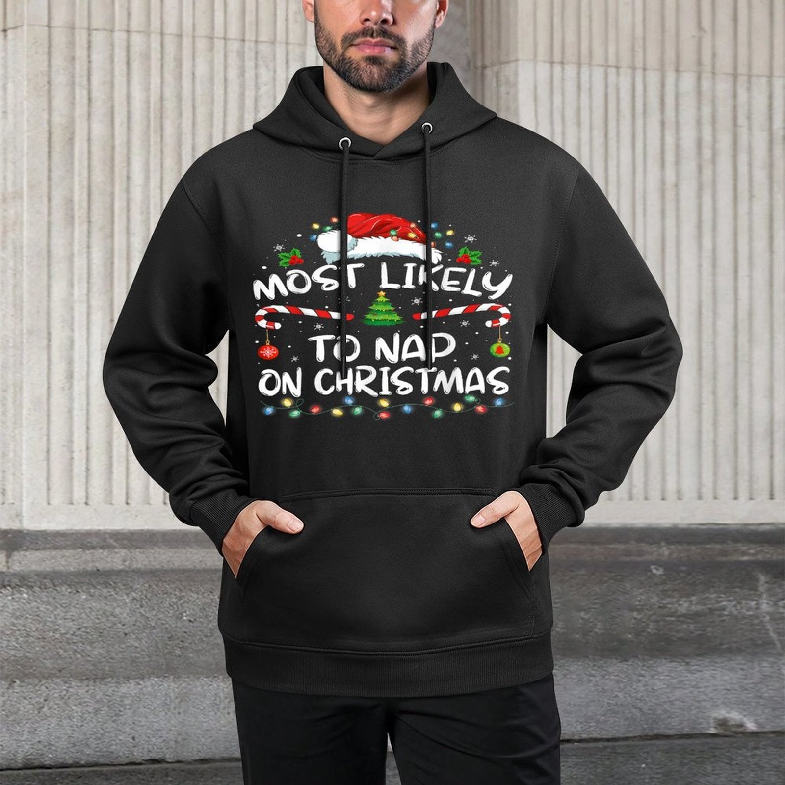 Most Likely To Nap On Christmas Family Christmas Pajamas Easy Care Hoodie