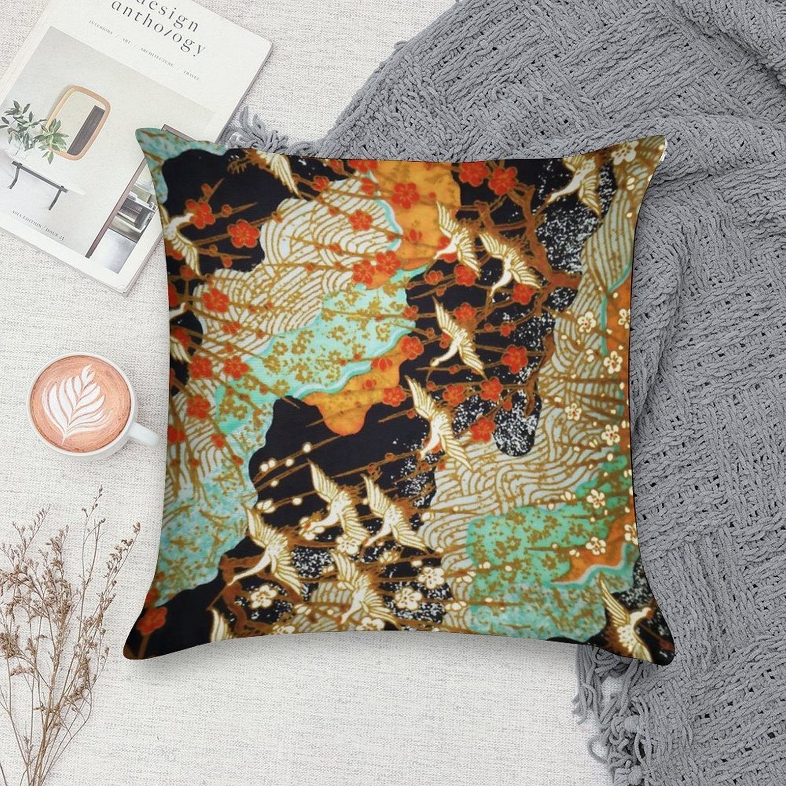 FLYING CRANES AND SPRING FLOWERS Antique Japanese Floral Soft Hidden Zipper Throw Pillow