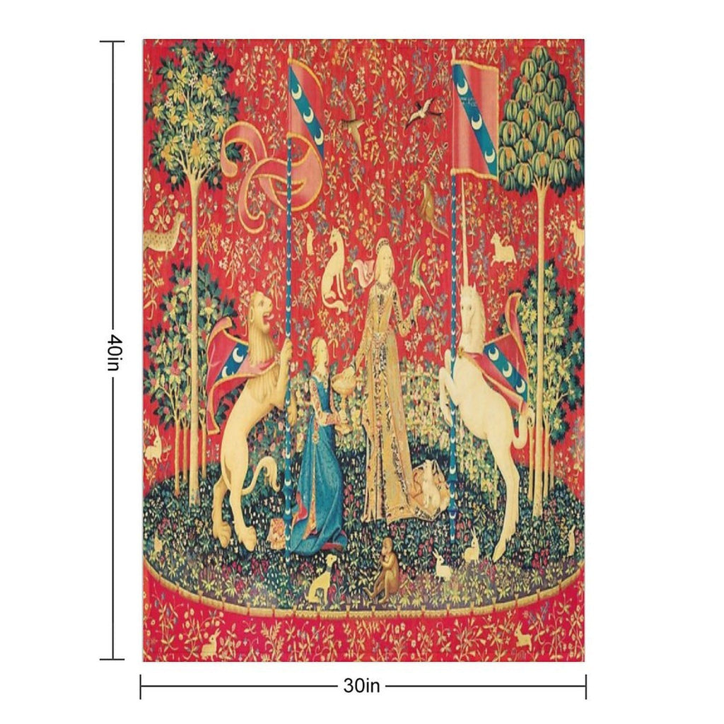 LADY AND UNICORN Taste, Red Green Fantasy Flowers,Animals Multi-functional Throw Blanket