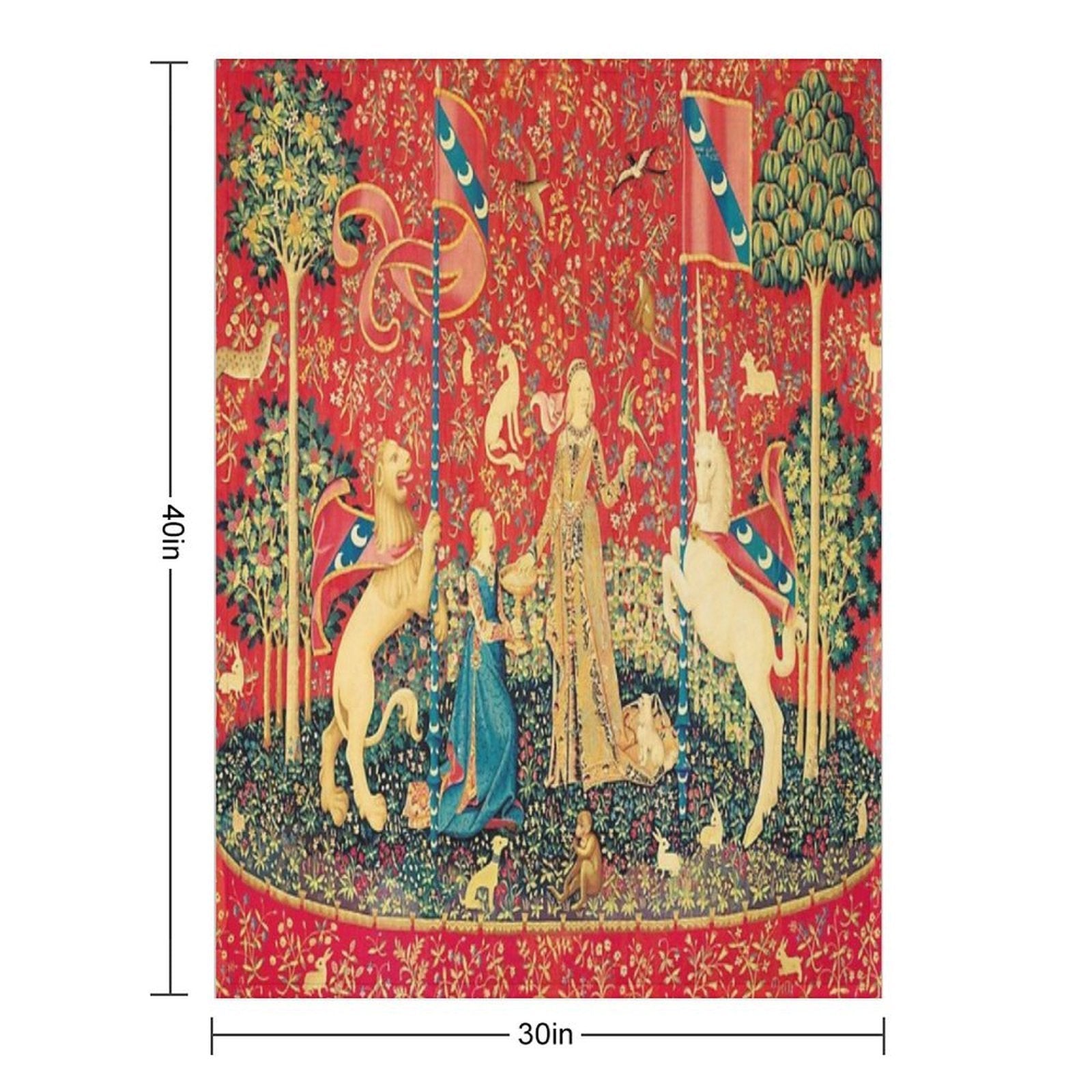 LADY AND UNICORN Taste, Red Green Fantasy Flowers,Animals Multi-functional Throw Blanket