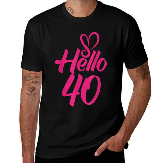 40th Birthday Tshirt Hello Forty 40th Big Pink Heart  Summer-ready Fabric T-Shirt